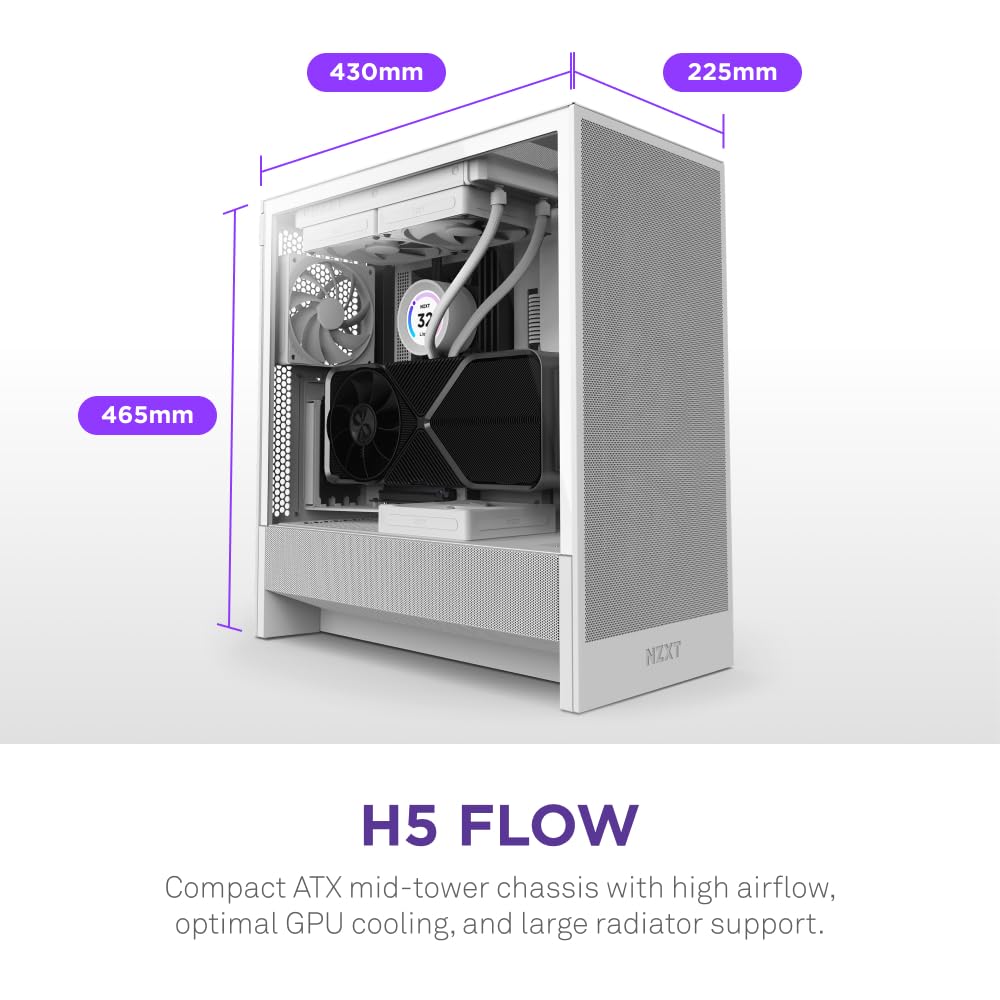 NZXT H5 Flow 2024 Compact ATX Mid-Tower PC Gaming Case - High Airflow Design with 2 x 120mm Fans - Supports 360mm Front & 240mm Top Radiators - Premium Cable Management & Tempered Glass Panel - Sleek White Finish - Perfect for Gaming Rigs, Streaming Setups & Workstation Builds
