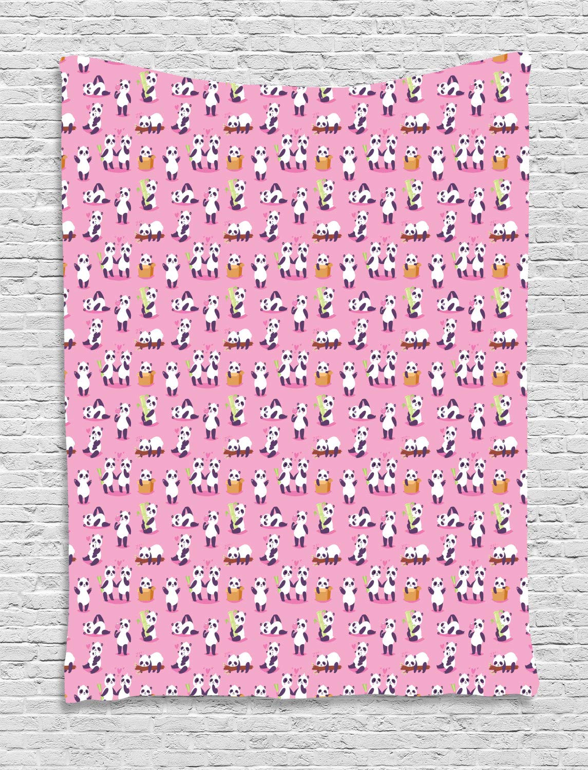 Ambesonne Panda Tapestry - Cute Fluffy Animals Playing on Pink Background, 60