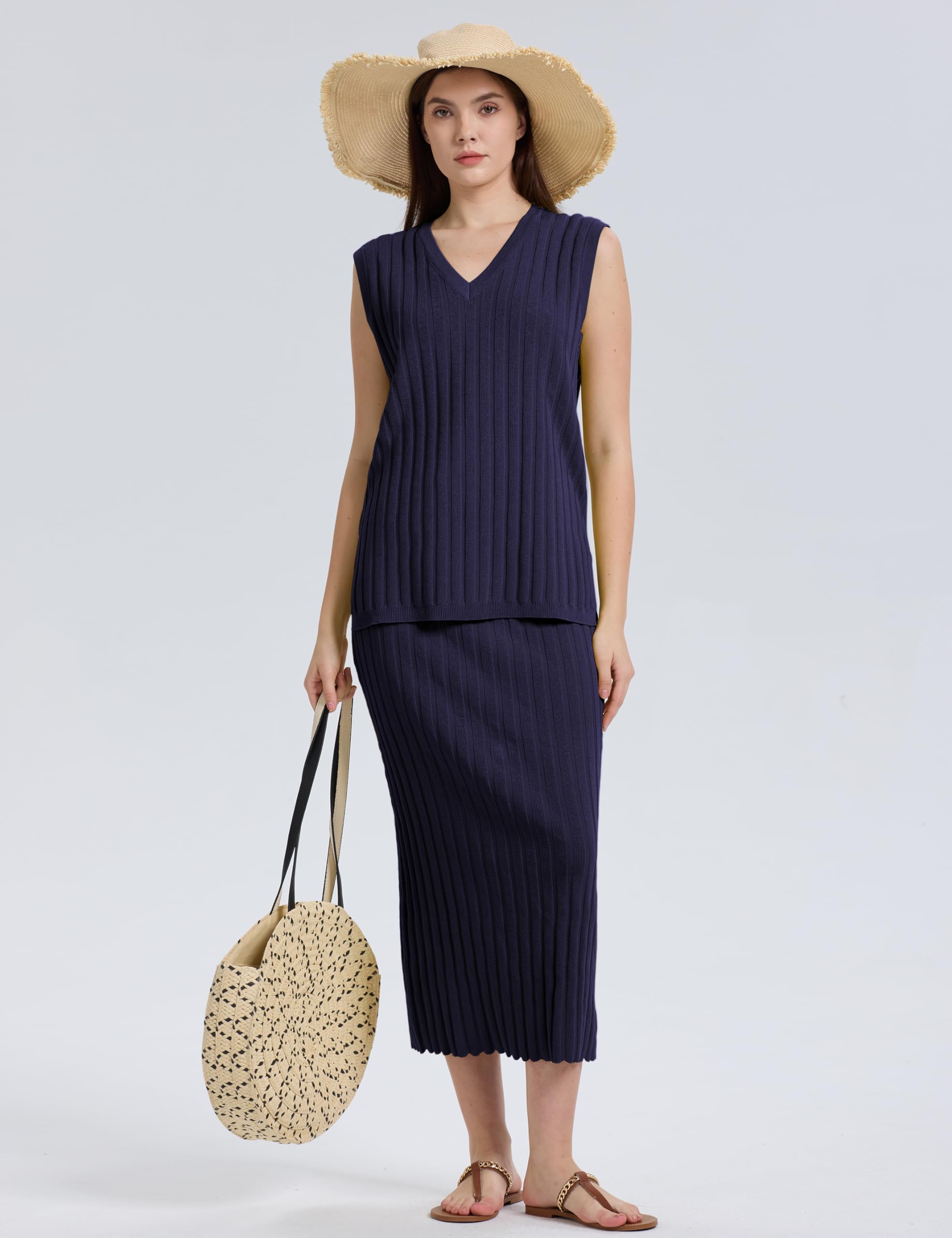 Women's 2-Piece Outfit - Sleeveless V-Neck Knit Vest & High Waisted Skirt Set | Summer Casual Wear, Office Outfits, Date Night & Vacation Outfits