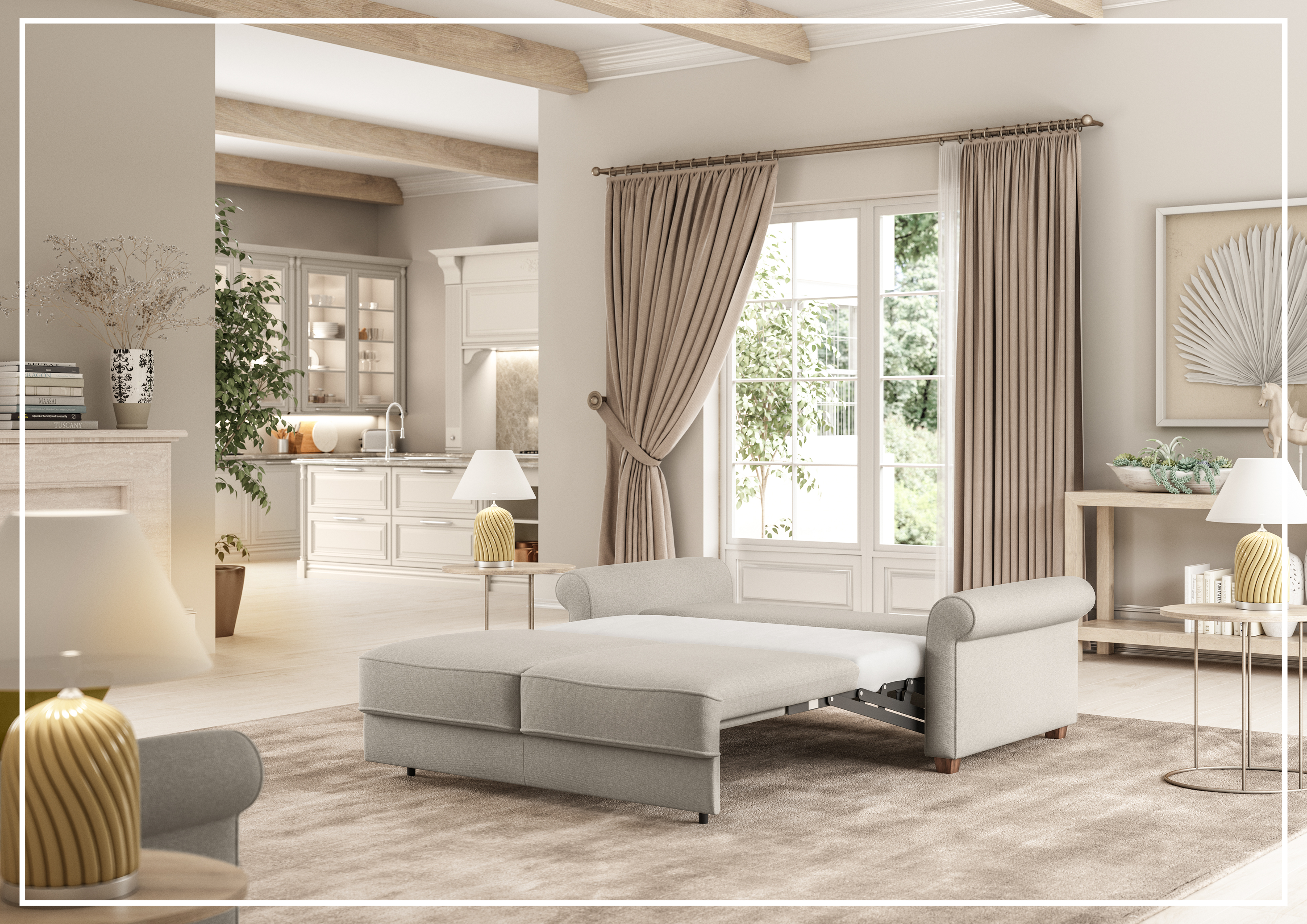 Luonto Casey Fabric Full XL Sleeper Sofa Bed with Walnut Leg Finish - Perfect for Guest Rooms, Small Apartments & Cozy Living Spaces