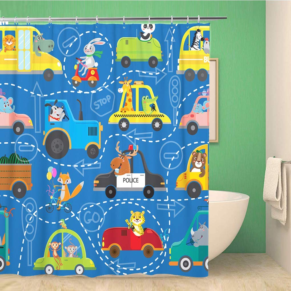 Funny Animal Car Cartoon Waterproof Polyester Shower Curtain - 72x78 Inches Bathroom Decor with Hooks for Kids & Adults | Perfect for Children's Bathrooms, Playrooms, and Themed Home Decor