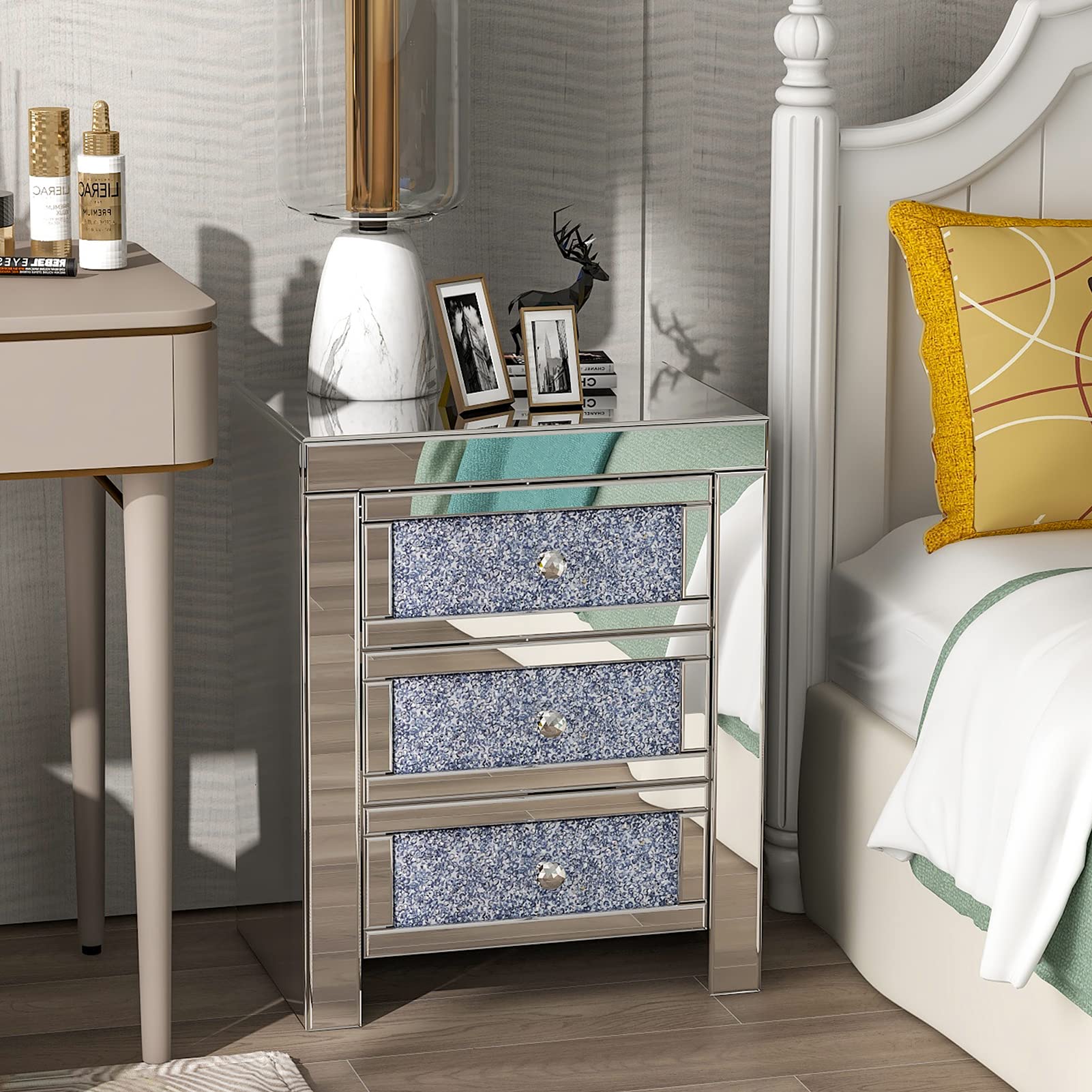 Modern Nightstand with 3 Drawers - MDF Storage Cabinet for Bedroom (Silver) - Perfect for Small Spaces & Organization