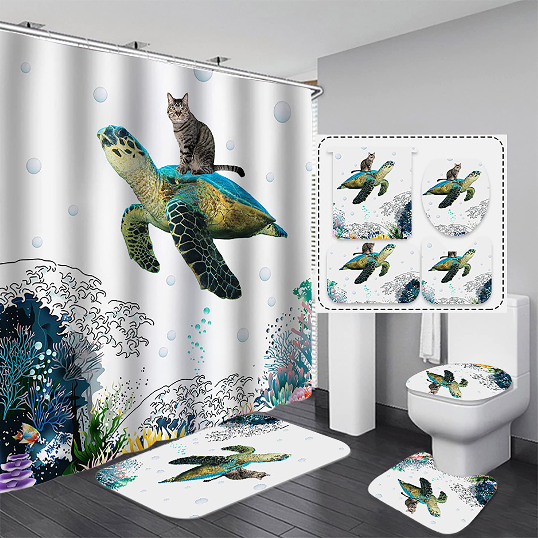 4-Piece Funny Cat Riding Turtle Bathroom Set - Waterproof Shower Curtain with Non-Slip Rug, Toilet Cover & Bath Mat | Ocean Wave Coral Design with 12 Hooks | Perfect for Beach-Themed Bathrooms & Kids' Bathroom Decor (White)