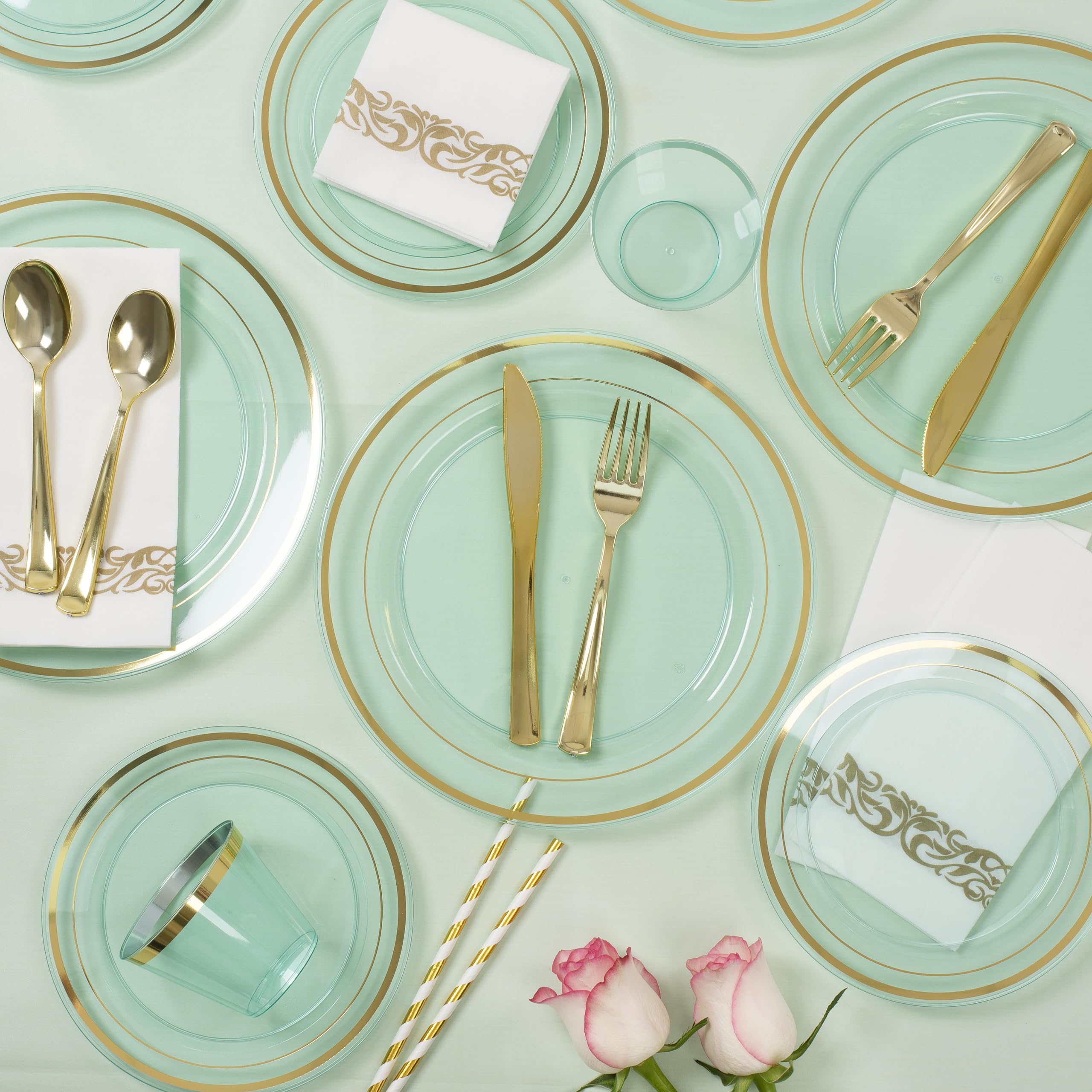 400-Piece Mint Green Disposable Plastic Plates Set for 50 Guests - Heavy Duty Dinner Plates, Fancy Dessert Plates, Gold/Silver Cutlery, Cups, Napkins & Straws - Perfect for Weddings, St. Patrick's Day, Easter & Party Events