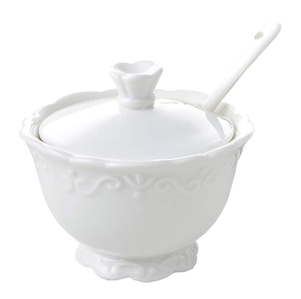 White Ceramic Sugar Bowl with Lid and Spoon - Elegant Kitchen Storage for Coffee, Tea, Sugar & Spices - Perfect for Dining Table, Coffee Station & Home Decor
