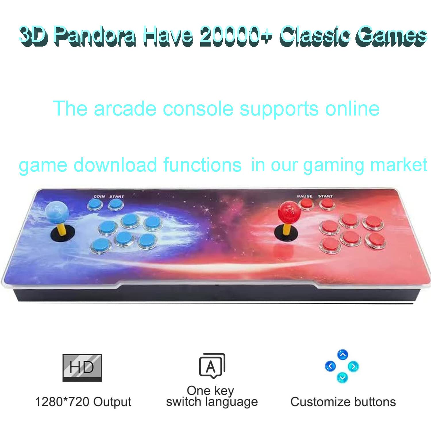 20000-in-1 3D Pandora's Box Arcade Game Console with Download Function - Supports Extra Games, 1280x720 Full HD, Search/Save/Pause Features, 4-Player Online Gaming - Perfect for Home Entertainment, Parties, and Retro Gaming Enthusiasts