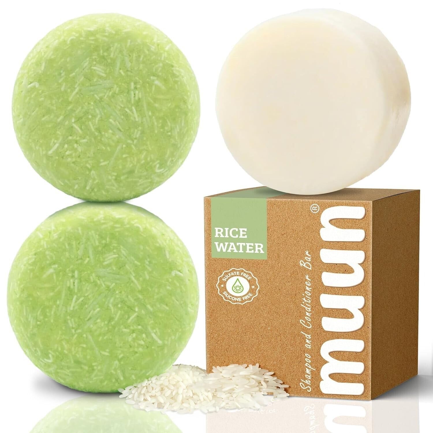 Muun Rice Water Shampoo and Conditioner Bar Set of 3 - Natural Hair Growth Treatment for Thicker, Stronger Hair with Volumizing Effect - Sulfate & Silicone Free, pH Balanced for All Hair Types - Perfect for Daily Hair Care and Travel Use