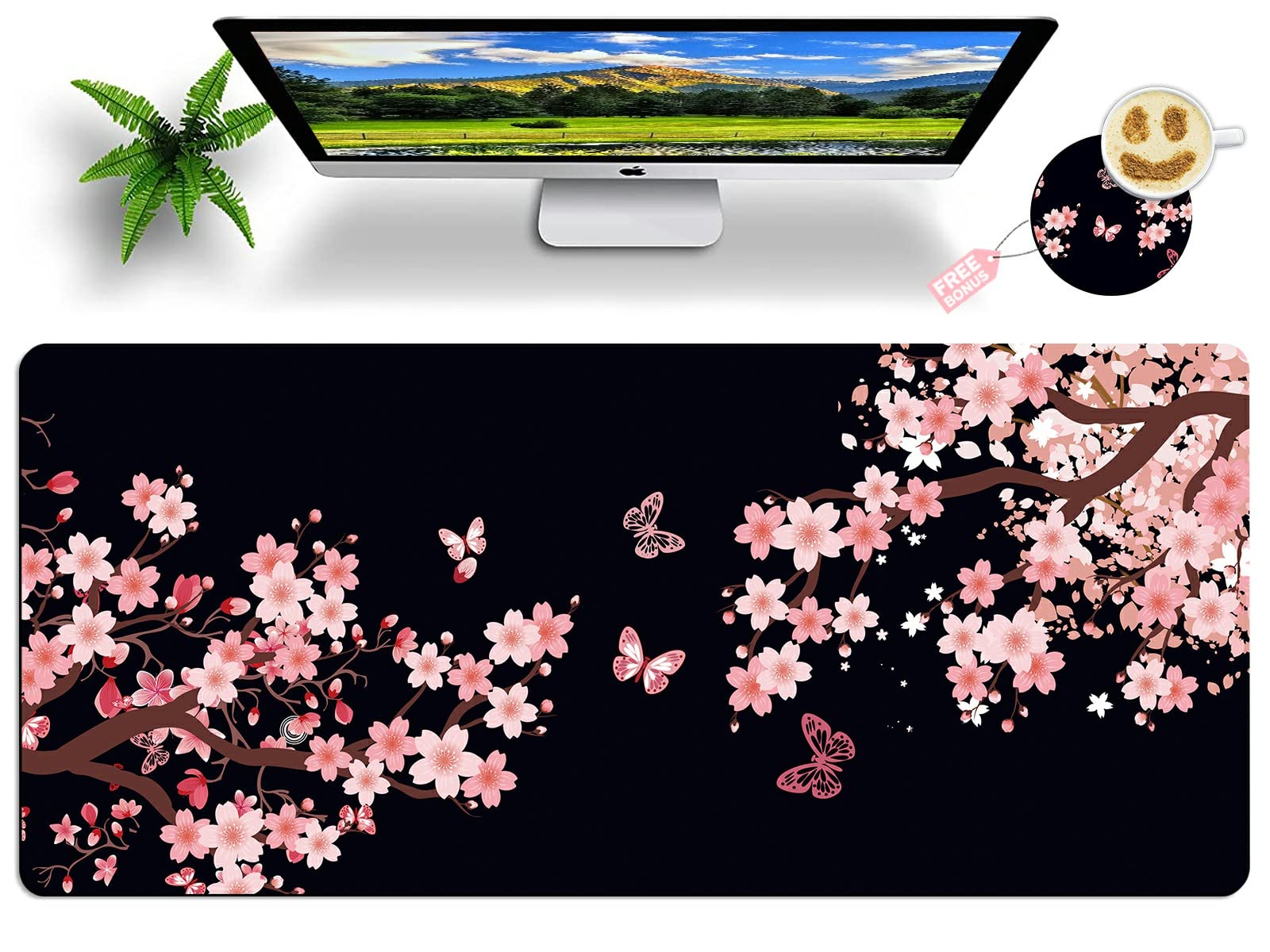 Large Cherry Blossom Mouse Pad with Coaster - 31.5x15.7 Inch XXL Gaming Desk Pad, Pink Black Sakura Butterfly Design, Non-Slip Stitched Edges for Office, Home & PC Workstation - Perfect for Gaming, Typing and Workspace Organization