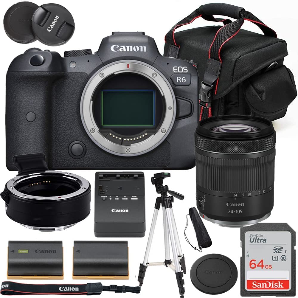 Canon EOS R6 Full Frame Mirrorless Camera Bundle with RF 24-105mm f/4-7.1 IS STM Lens, EOS R Mount Adapter, 64GB UHS-II SD Card, Extra Battery, Case & Tripod (Renewed) - Professional Photography, Vlogging & Travel Videography Kit