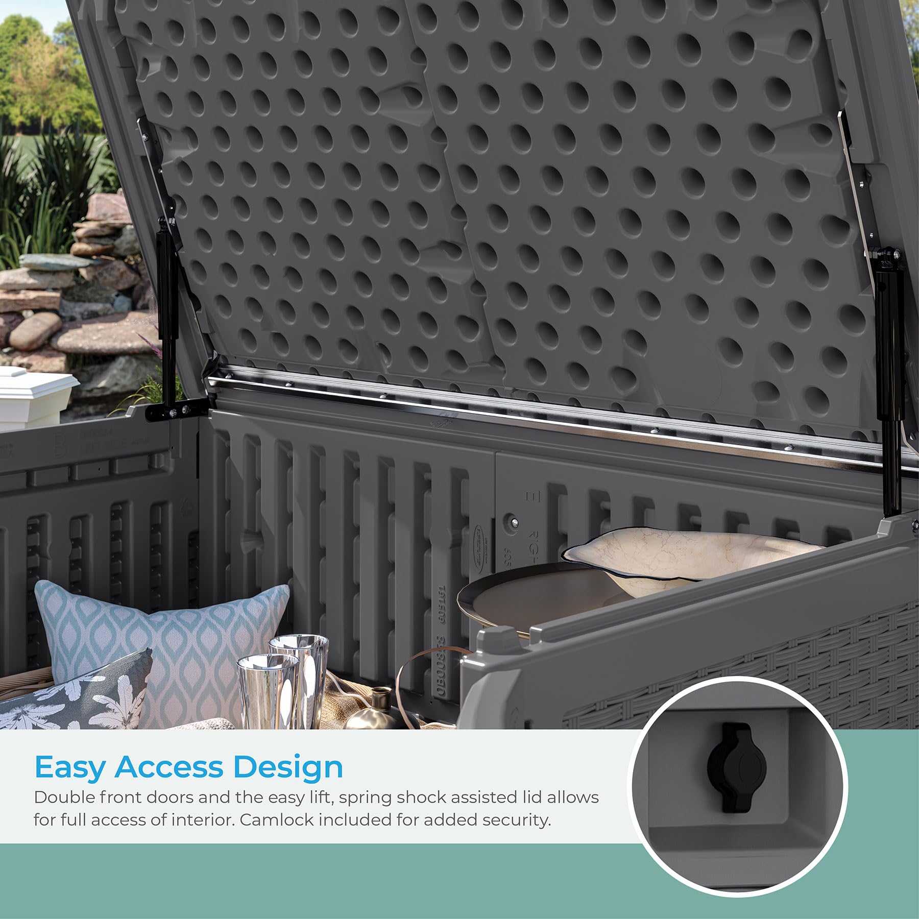 Suncast Backyard Oasis 195-Gallon Vertical Deck Storage Box - Outdoor Patio Furniture Cushion Organizer, Grill Tools & Pool Accessories Container - Cool Gray - Perfect for Deck, Porch & Backyard Organization
