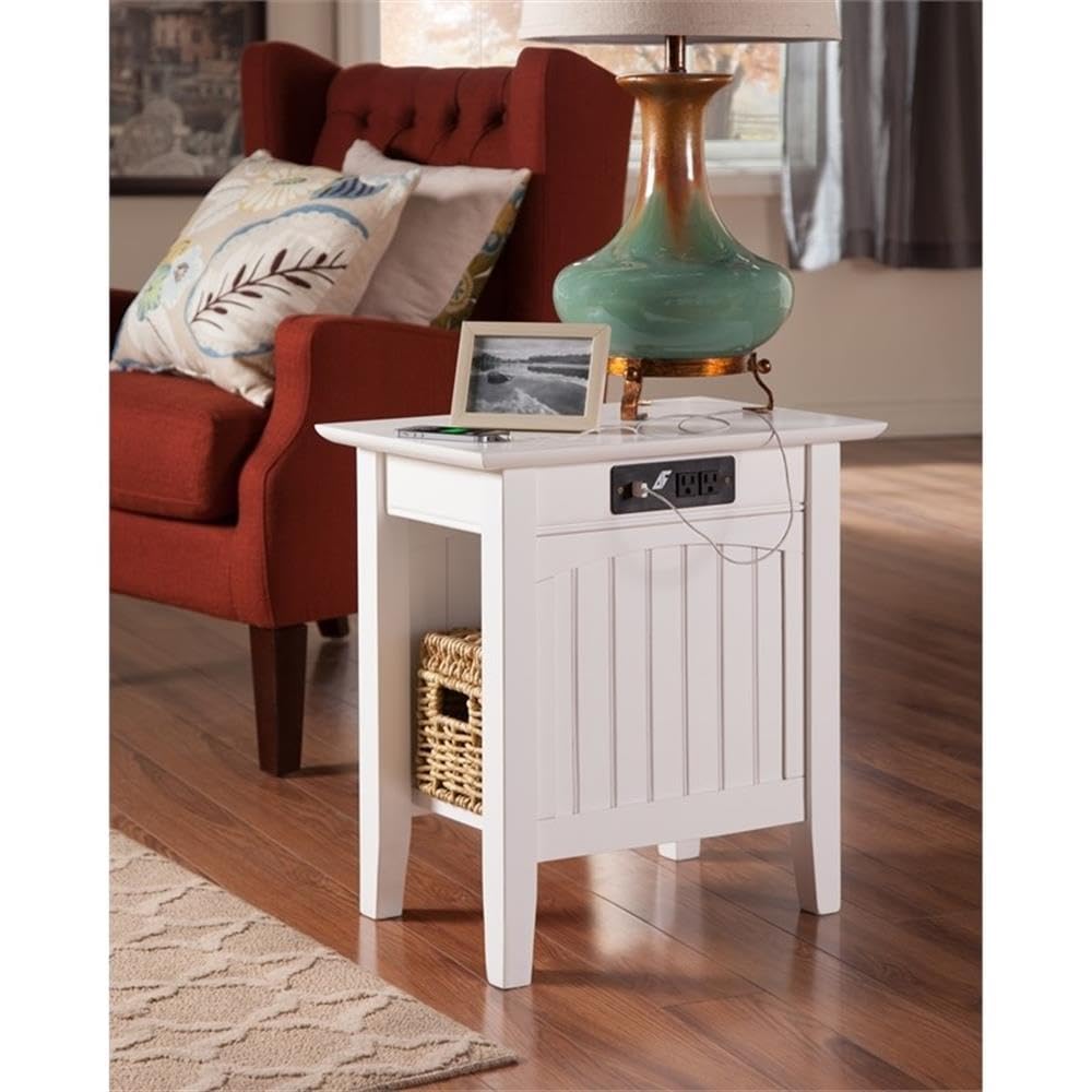 Pemberly Row Transitional White Wood Side Table with USB Charging Ports - Perfect for Living Room, Bedroom & Office Use