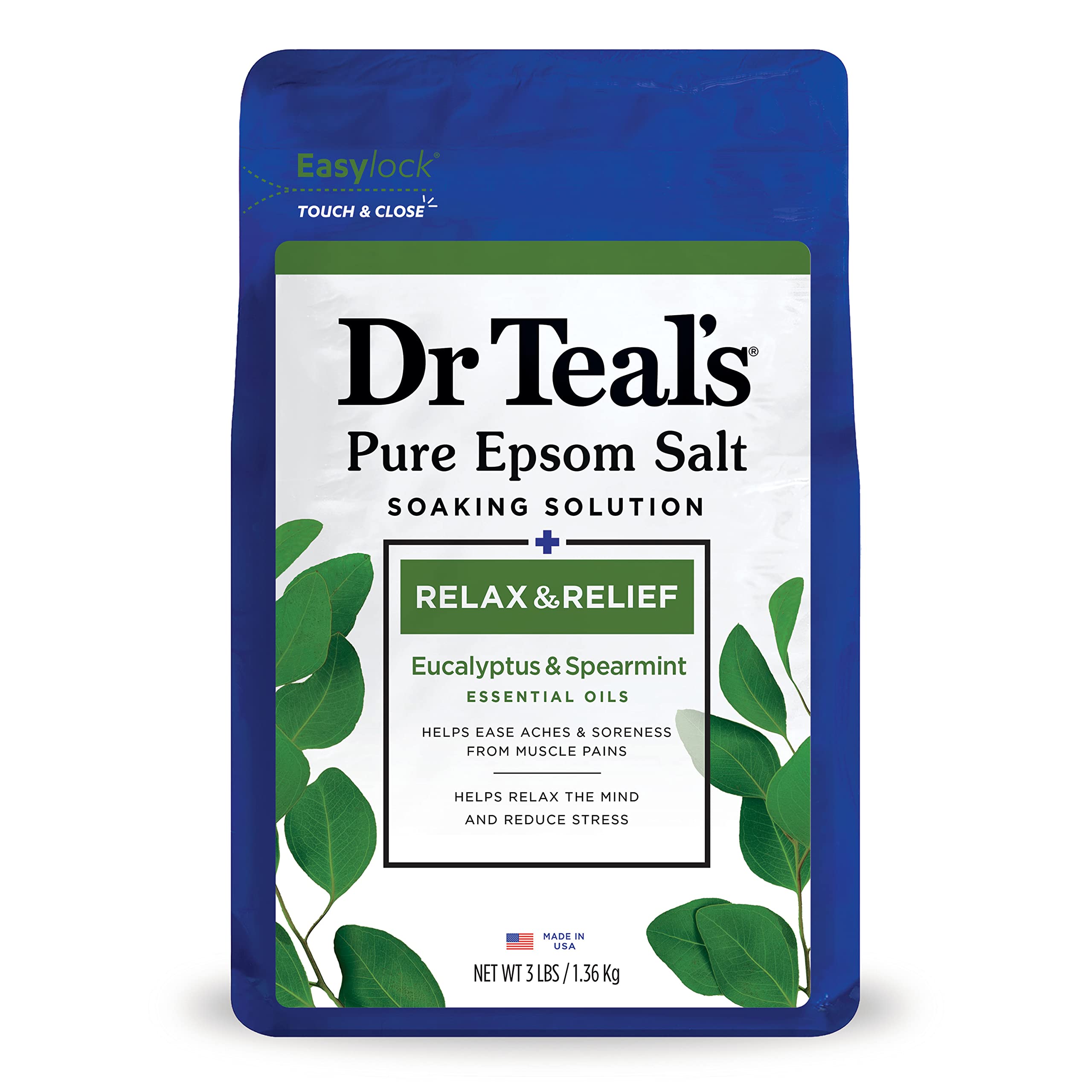 Dr Teal's Eucalyptus & Spearmint Body Wash with Pure Epsom Salt - 24 fl oz (Pack of 4) & Epsom Salt Soak - 3lbs - Relaxing Bath & Muscle Relief for Stress Relief, Sore Muscles & Better Sleep - Spa & Self Care Essentials