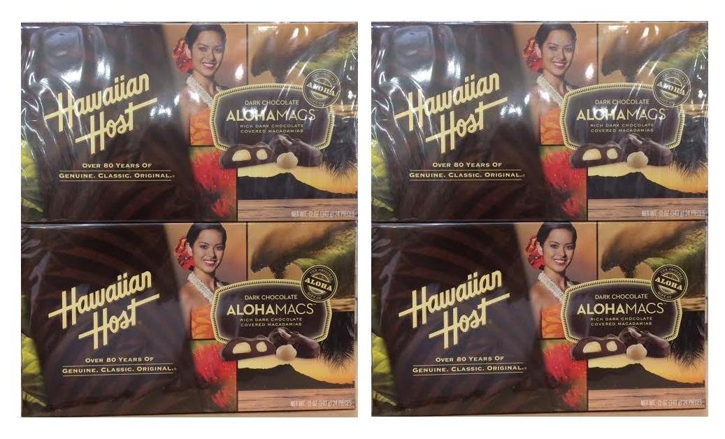 Hawaiian Host Dark Chocolate Alohamacs - 4 Boxes of 12 Oz Hawaiian Coconut Chocolate Macadamia Nuts - Perfect for Gifts, Parties & Holiday Treats