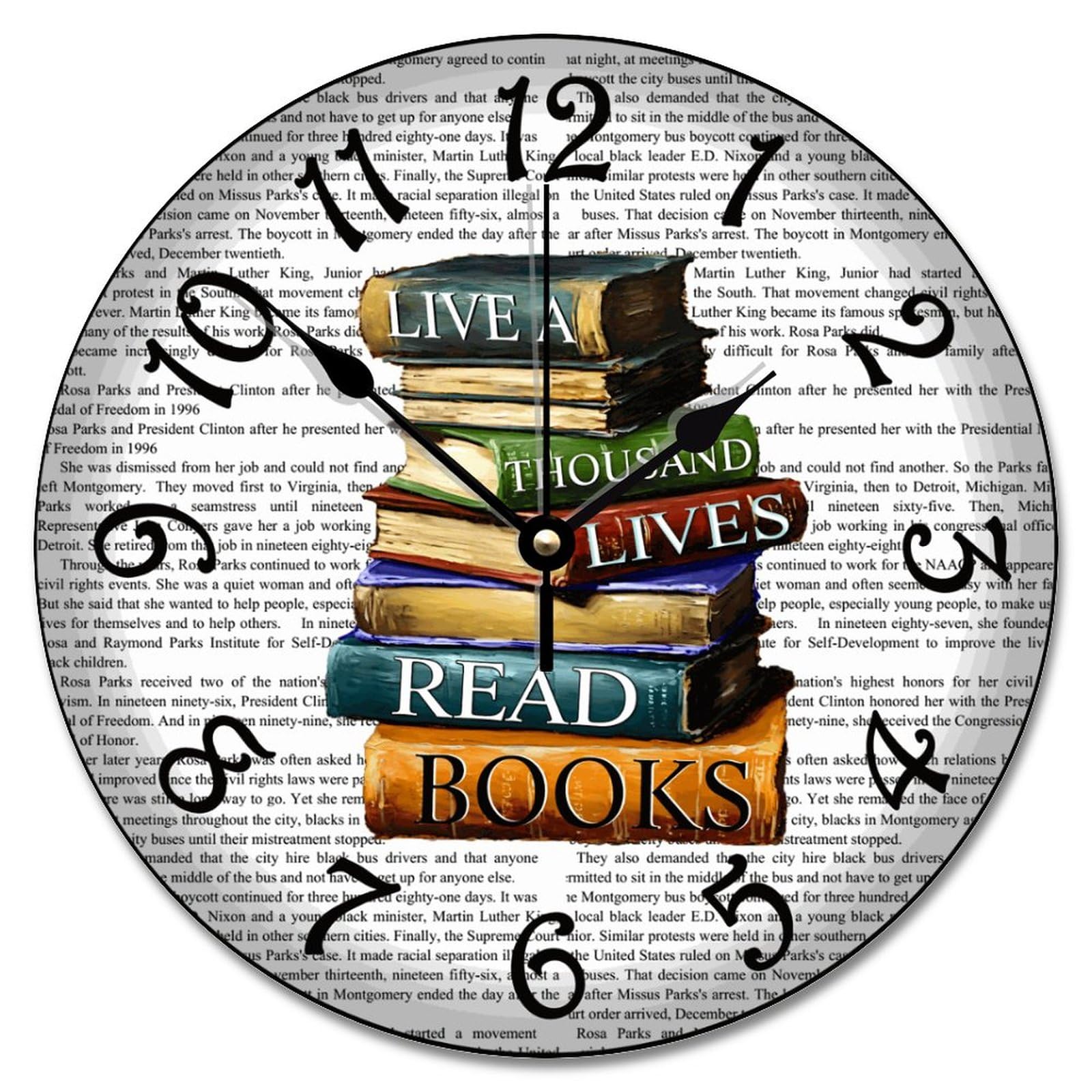 12 Inch Wooden Farmhouse Wall Clock - Battery Operated Rustic Library Clock with 'Lived A Thousand Lives' Book Quote - Perfect for Kitchen, Living Room, Bedroom, Office & Reading Nook Decor