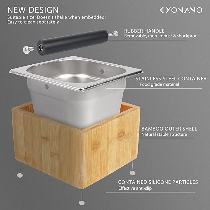 KYONANO Espresso Knock Box - Durable Bamboo & Stainless Steel Coffee Grounds Container with Non-Slip Base - Perfect for Home Baristas & Coffee Shops - Essential Espresso Accessory for Latte, Cappuccino & Americano Brewing