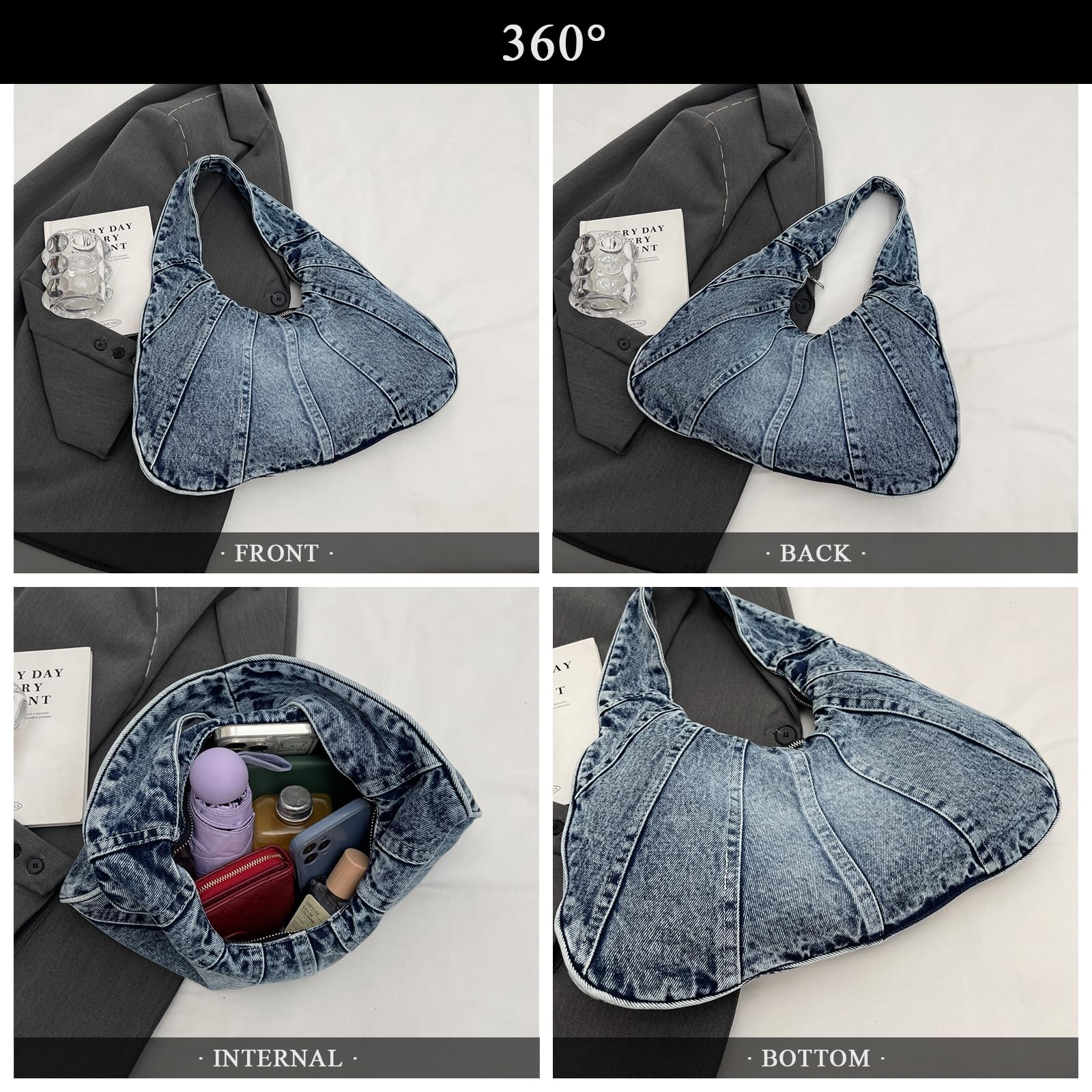 Trendy Y2K Denim Hobo Shoulder Bag for Women - Vintage Jean Purse & Handbag - Perfect for Casual Outfits, Street Style & Everyday Use