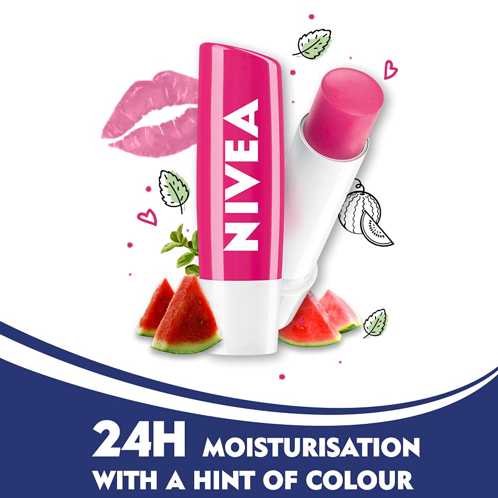 NIVEA Lip Balm Set - Fruity Peach & Watermelon Shine, 4.8g Each, Hydrating & Nourishing Lip Care for Dry Lips | Perfect for Daily Use, Travel & On-The-Go Moisturization