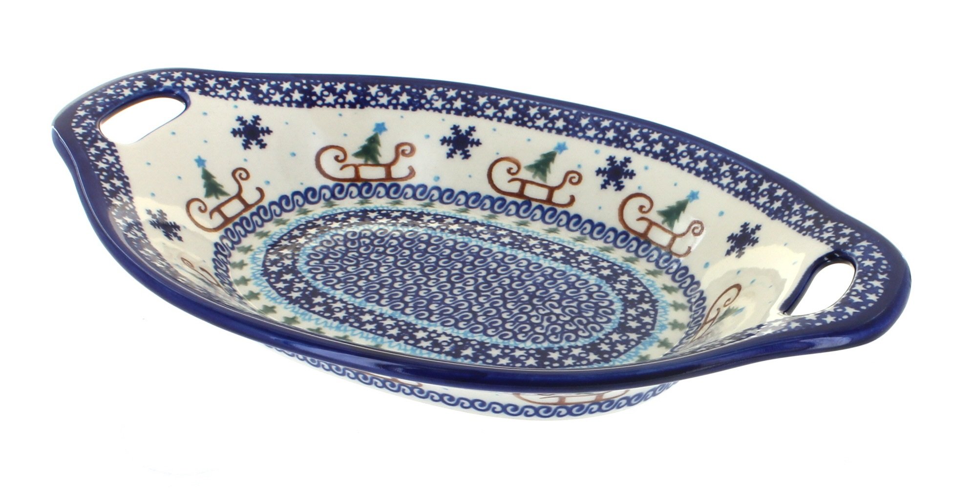 Handmade Blue Rose Polish Pottery Noel Nights Bread Tray with Wooden Handles - Perfect for Holiday Serving, Christmas Dinner, and Rustic Home Decor