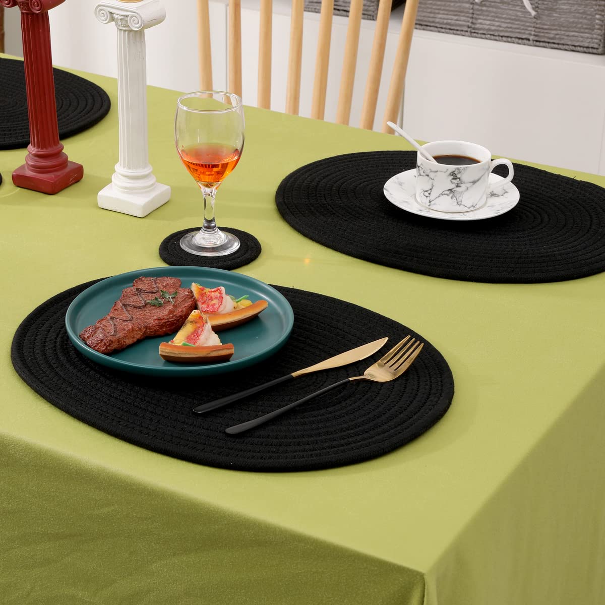 6 Pack Woven Cotton Placemats - 12x16 Inches Oval Braided Rattan Table Mats for Kitchen, Dining Table, Outdoor Party & Wedding Decoration - Elegant Plate Chargers for Everyday Use & Special Occasions (Black)