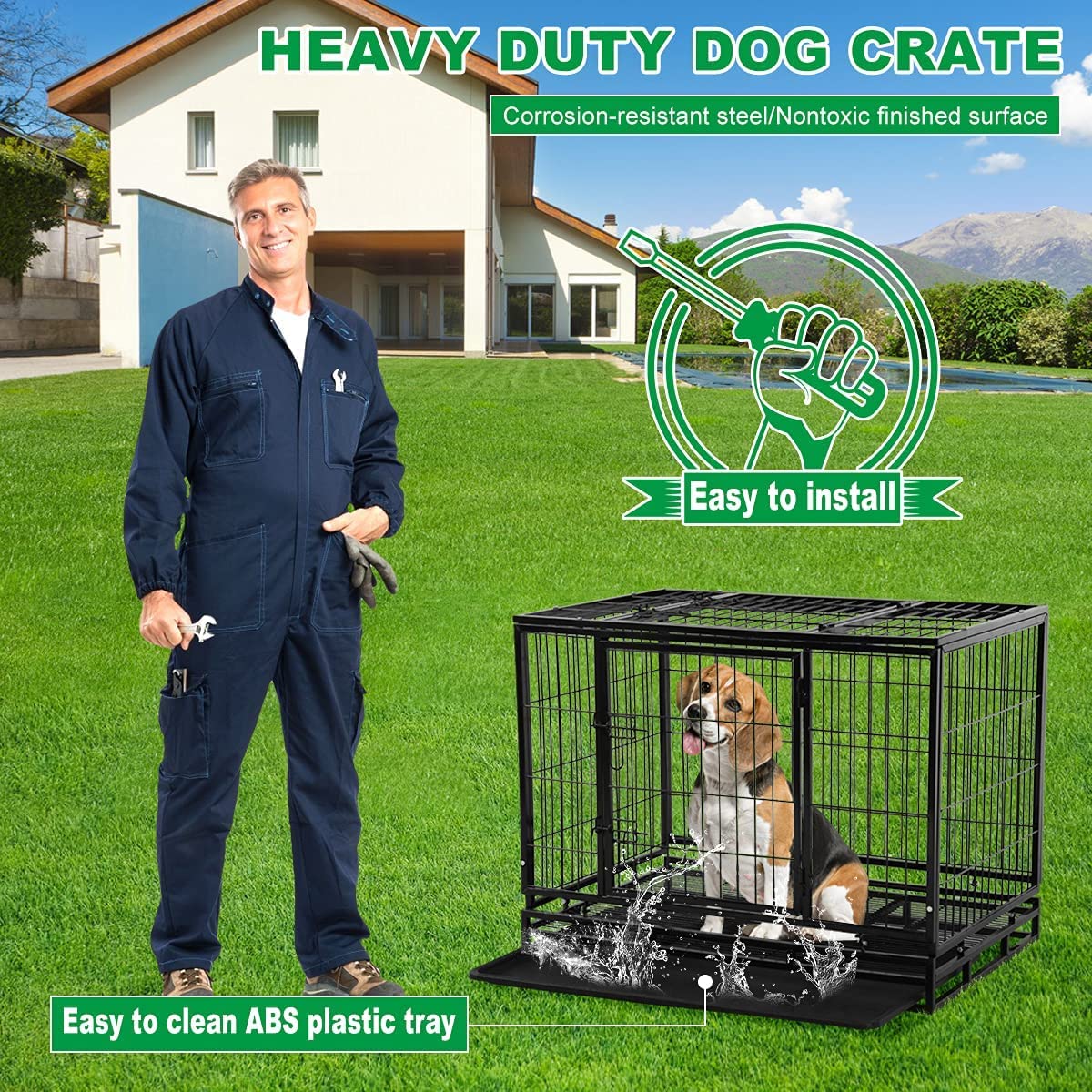 Heavy Duty 42 Inch XL Dog Cage with Wheels & Removable Tray - Double Door Dog Crate for Large Breed Training, Travel & Home Use