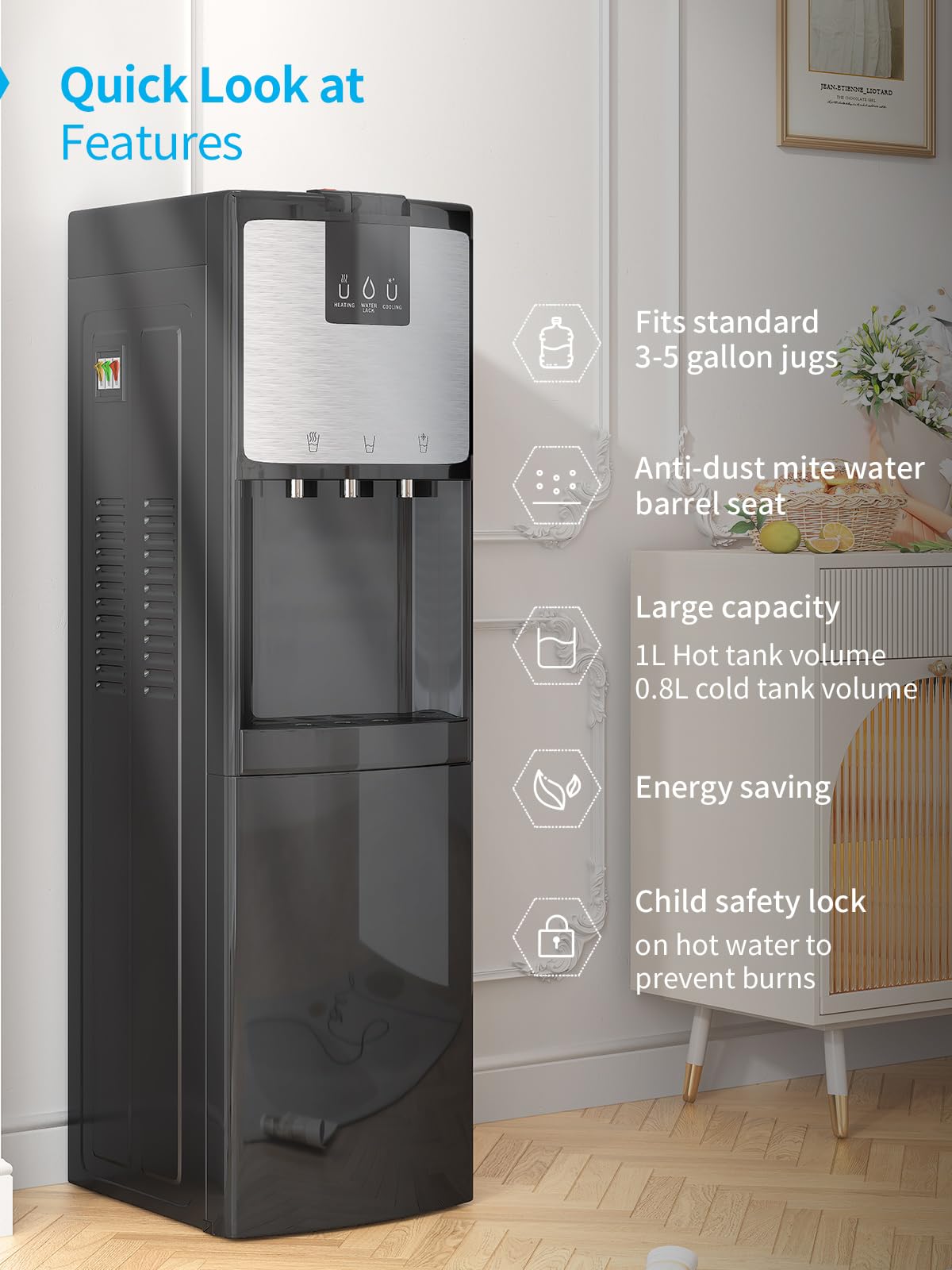 TABU Bottom Loading Water Cooler Dispenser - 3 Temperature Settings (Hot, Cold, Room) for 3/5 Gallon Bottles, Self-Cleaning Stainless Steel with Anti-Scalding & Child Safety Lock - Perfect for Home, Office, and Kitchen Use