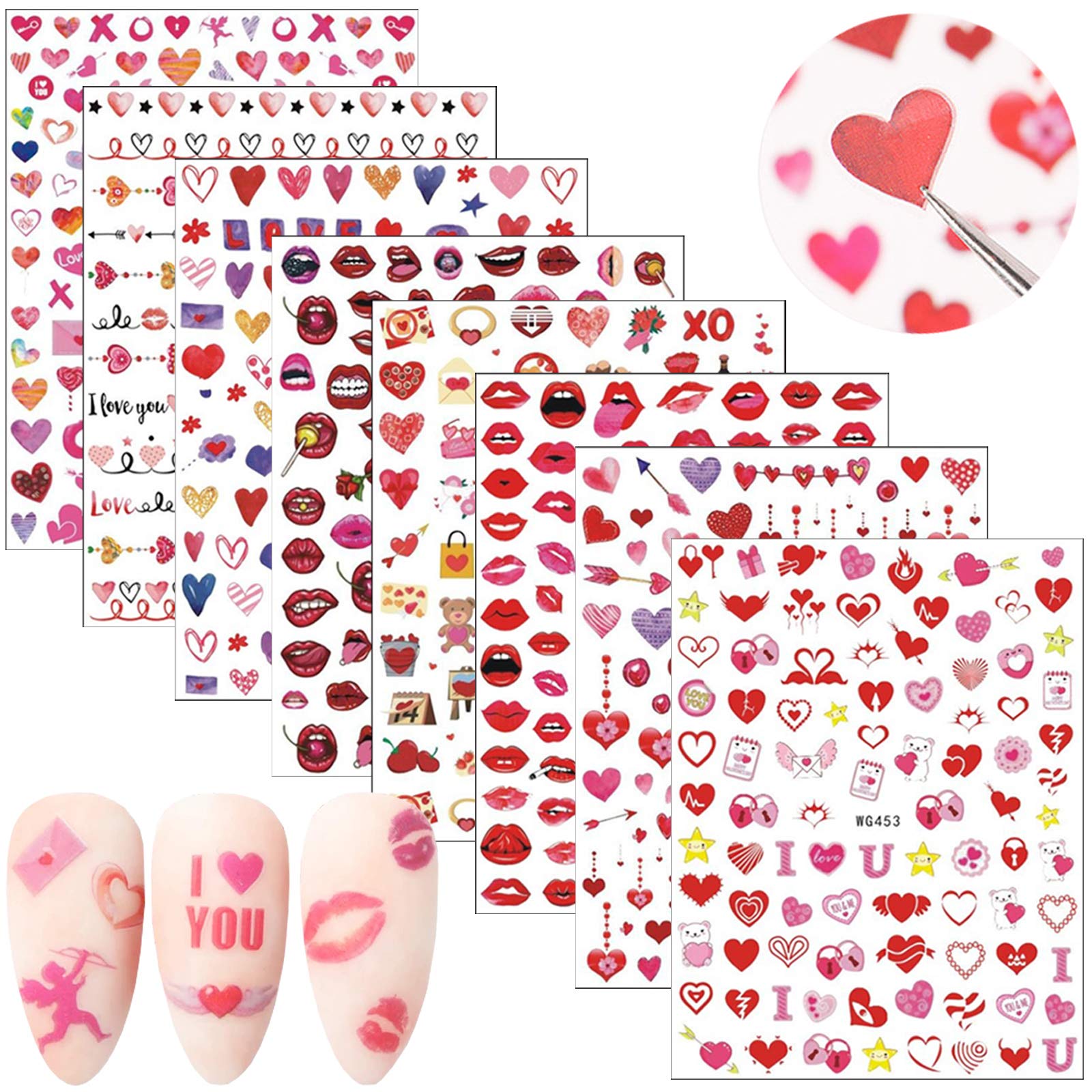 Valentine's Day 3D Nail Stickers - Self-Adhesive XO Love Kiss Heart Nail Art Decals for Women & Girls | DIY Valentine's Nail Decorations (8 Sheets) | Perfect for Valentine's Gifts, Parties & Nail Art Enthusiasts