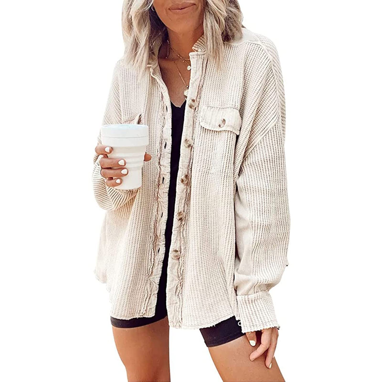 ZEFOTIM Women's Corduroy Shacket Jacket - Solid Color Loose Fit Bat Sleeve Waffle Knit Button Down Shirt | Casual Fall Outerwear for Work, Travel & Street Style