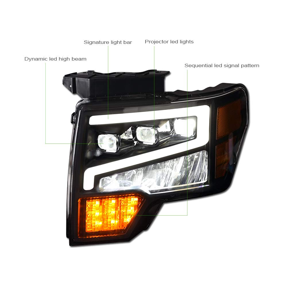 2009-2014 Ford F150 Black Housing Full LED Sequential Tri-Projector Headlights with Amber Reflector - Compatible Replacement Headlight Assembly for Improved Night Visibility - Perfect for Off-Roading, Night Driving & Truck Customization