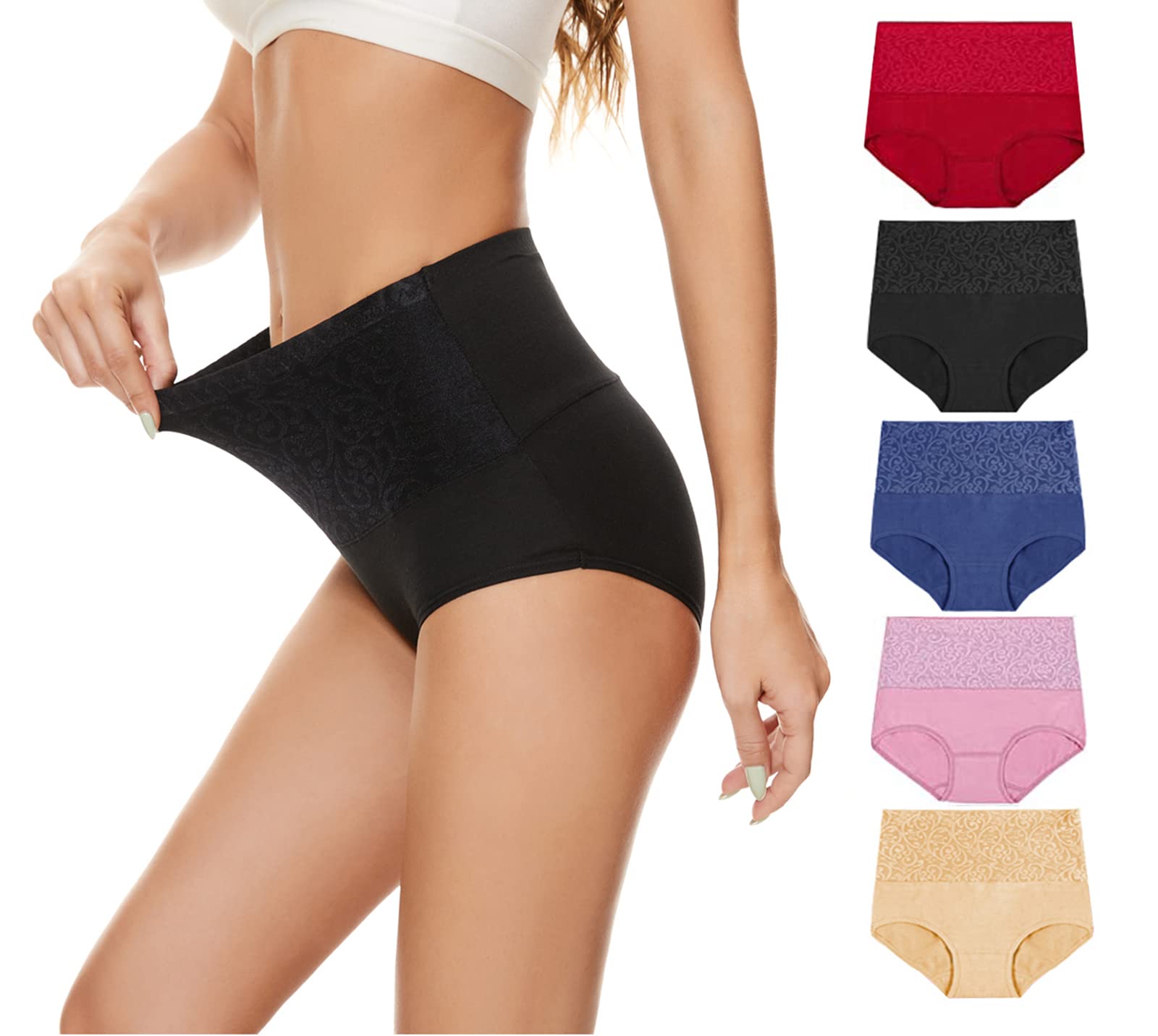 Lashapear Women's High Waist Cotton Underwear - Tummy Control Briefs (3/5 Pack) | Comfortable & Breathable Panties for Everyday Wear, Workout & Postpartum Recovery