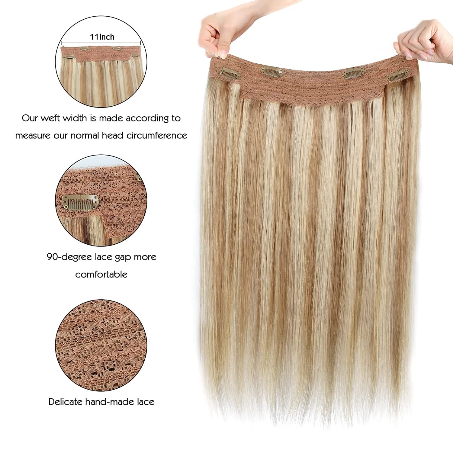 Sassina Invisible Wire Hair Extensions - 100% Real Human Hair, Transparent Wire, Adjustable Size with Secure Clips, Natural Straight Hairpiece (16 Inch, 100g, #P8/60) - Perfect for Daily Wear, Parties & Special Occasions