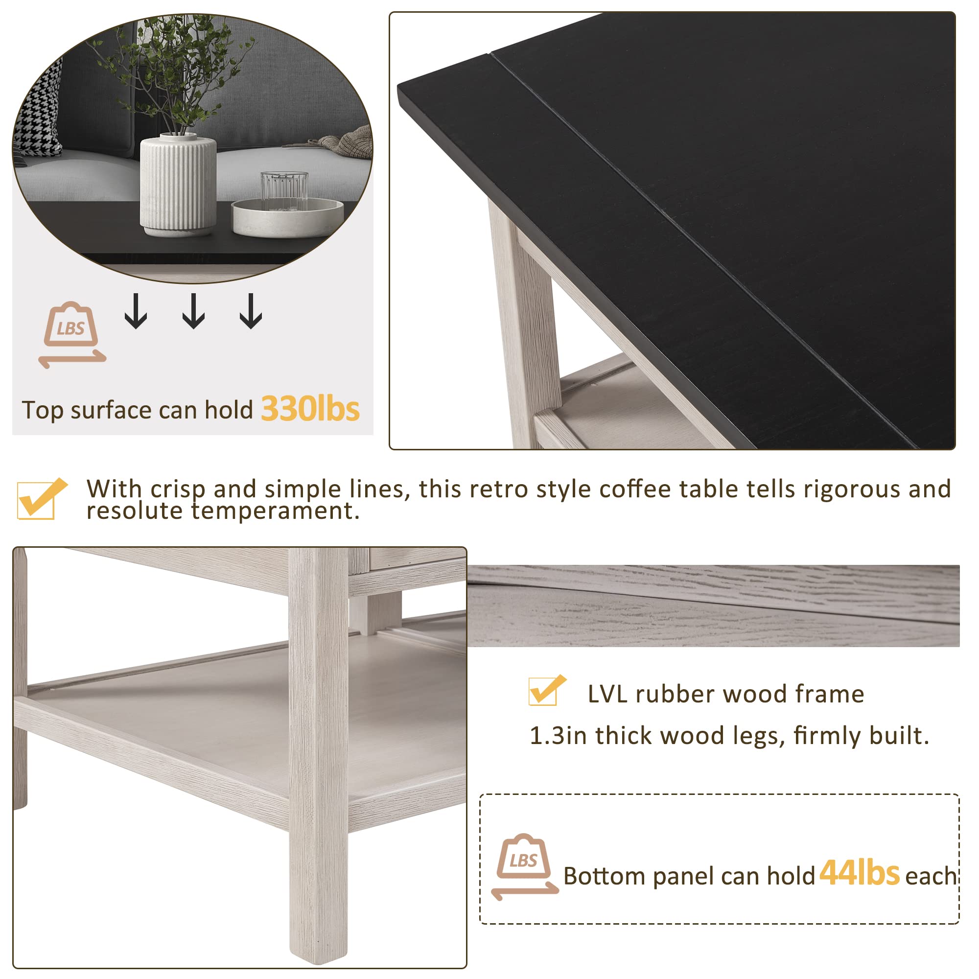 Solid Wood Coffee Table with 2 Drawers & Open Shelf - Large Storage, Classic American Style Cocktail Table for Living Room, Office, or Lounge (Espresso & White Finish) - Perfect for Entertaining Guests, Holding Drinks & Displaying Decor