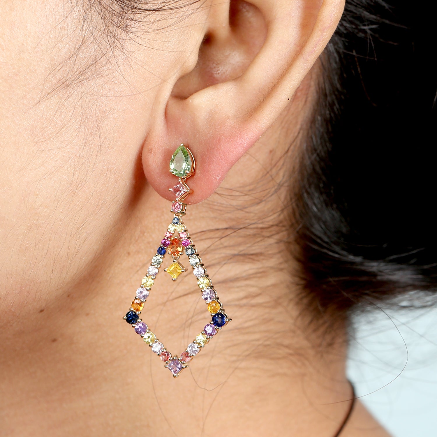 18K Yellow Gold Green Pear Tourmaline & Rainbow Sapphire Dangle Earrings - Perfect for Weddings, Parties & Special Occasions