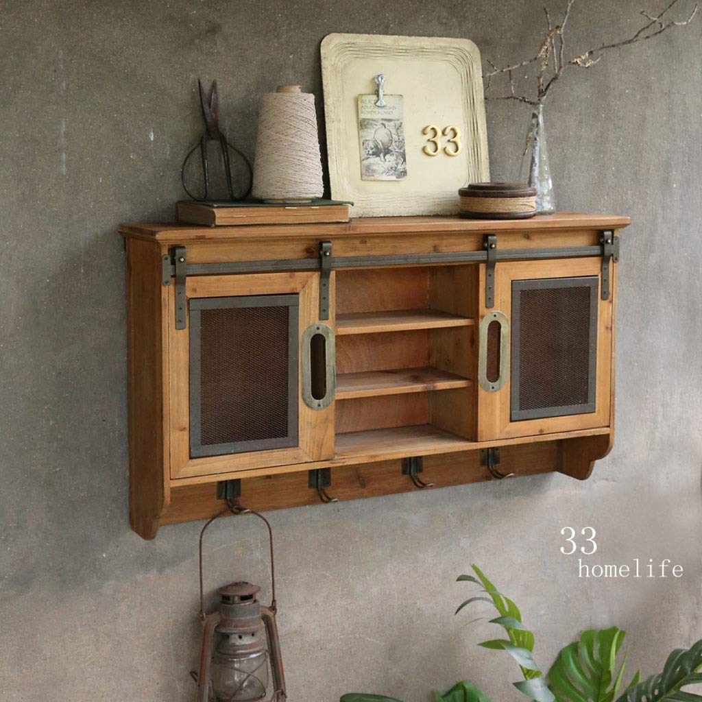 Rustic Brown Wood Wall Storage Cabinet with Sliding Barn Doors for Home & Office