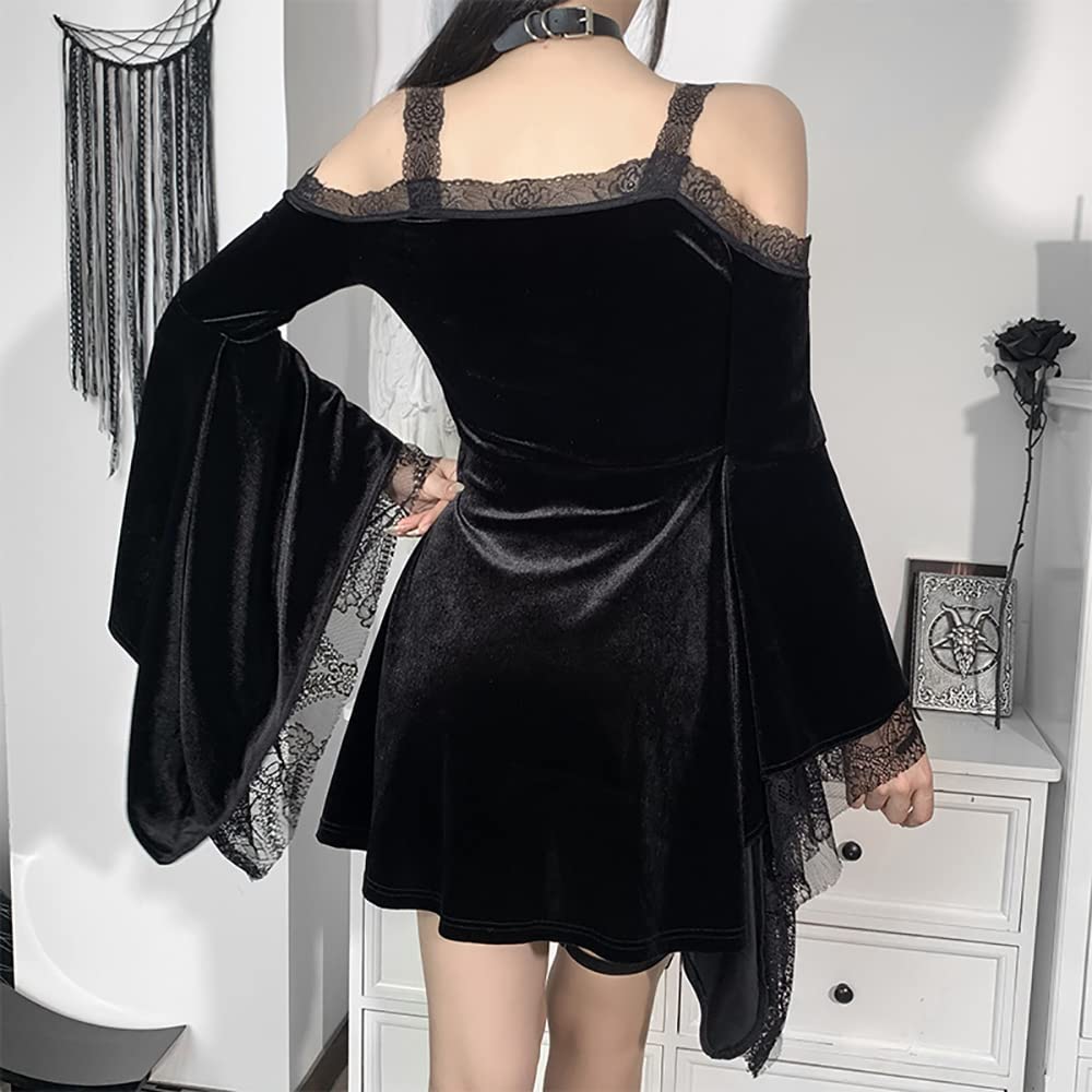 Floral Long Sleeve Off Shoulder Mini Dress for Women - Retro Velvet Lace Party Dress for Halloween, Date Night & Special Occasions