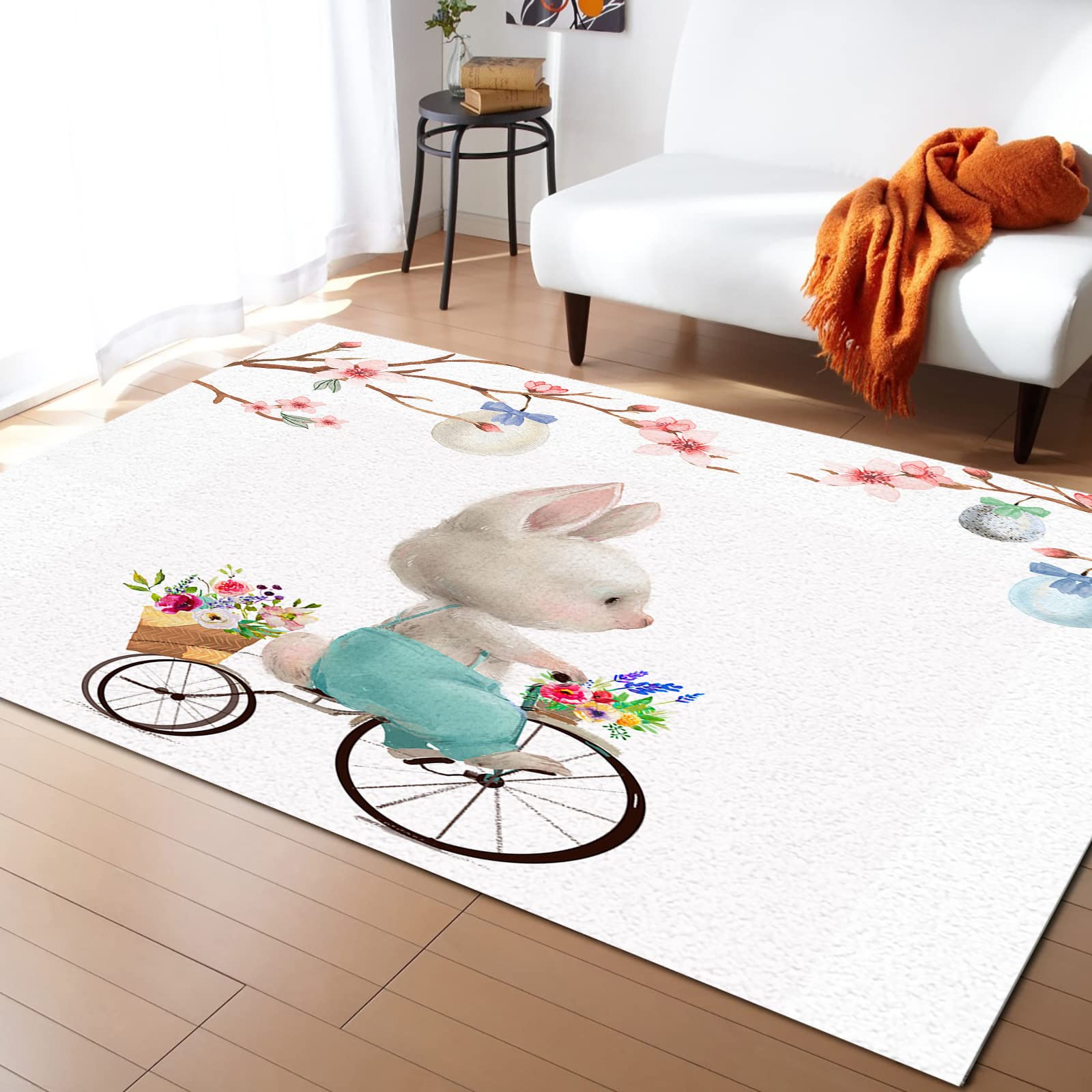 Easter Bunny Biking and Egg Tree Non-Shedding Area Rug - 5' x 7' Soft Washable Carpet with Rubber Backing for Living Room, Bedroom - Perfect for Easter Decor, Spring Home Decor, and Cozy Floor Mats