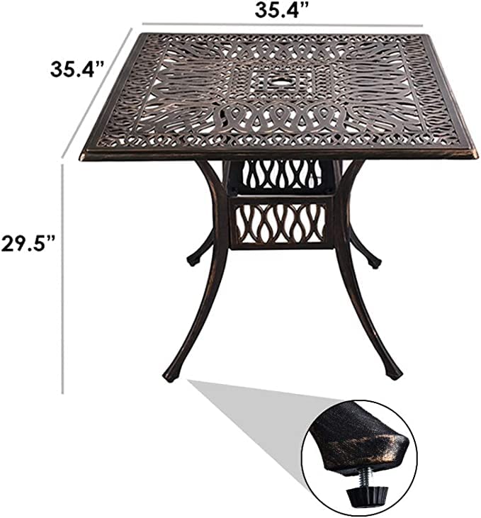 Grepatio 35.4 Inch Square Cast Aluminum Outdoor Dining Table with Umbrella Hole - Compact Bistro Table for Patio, Garden, Deck or Balcony - Antique Bronze Finish Conversation Table for Small Spaces