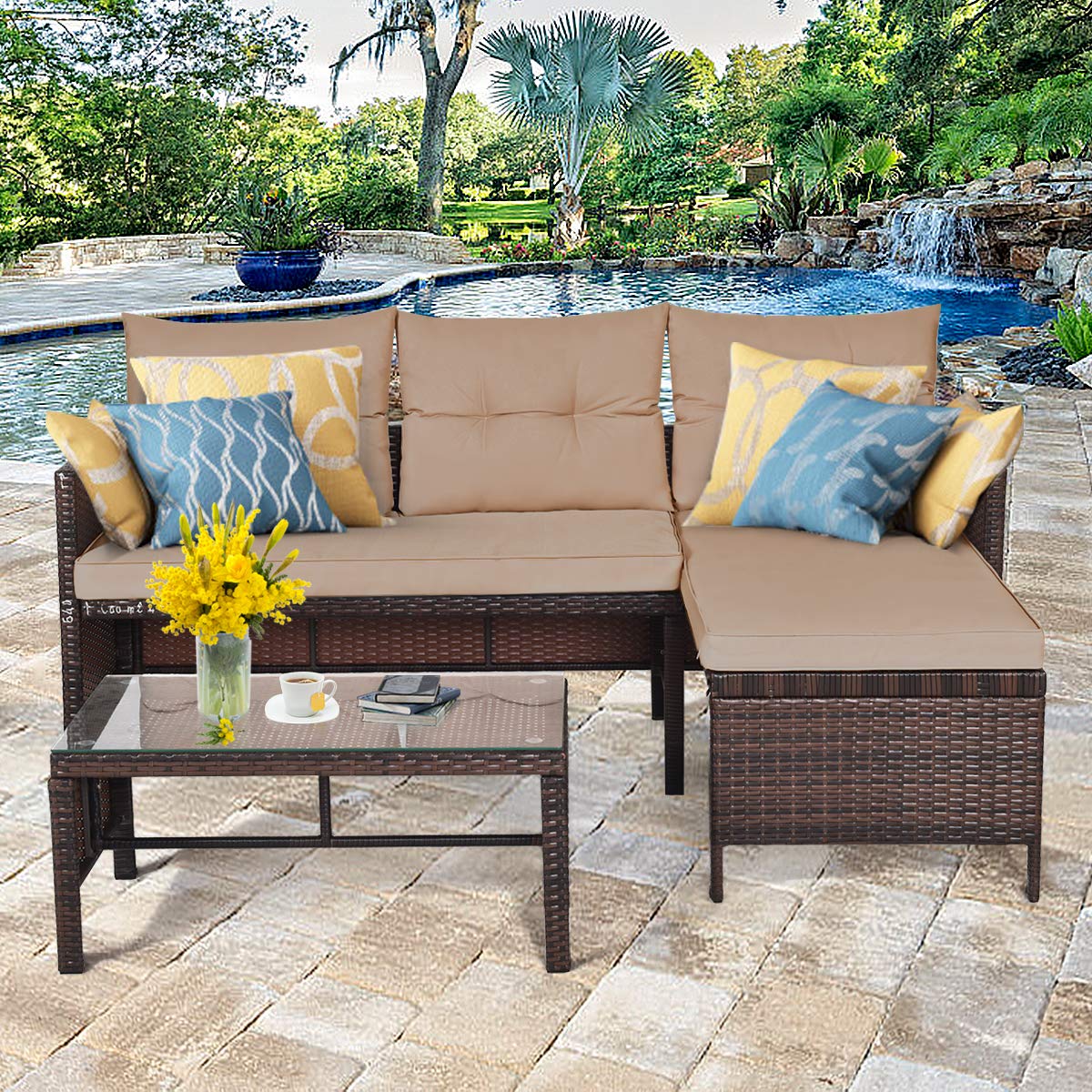 RELAX4LIFE 3-Piece Outdoor Patio Furniture Set - Brown Wicker Sectional Sofa with Washable Cushions & Tempered Glass Coffee Table - Rattan Conversation Set for Garden, Backyard, Deck, Poolside - Perfect for Relaxing, Entertaining and Outdoor Gatherings