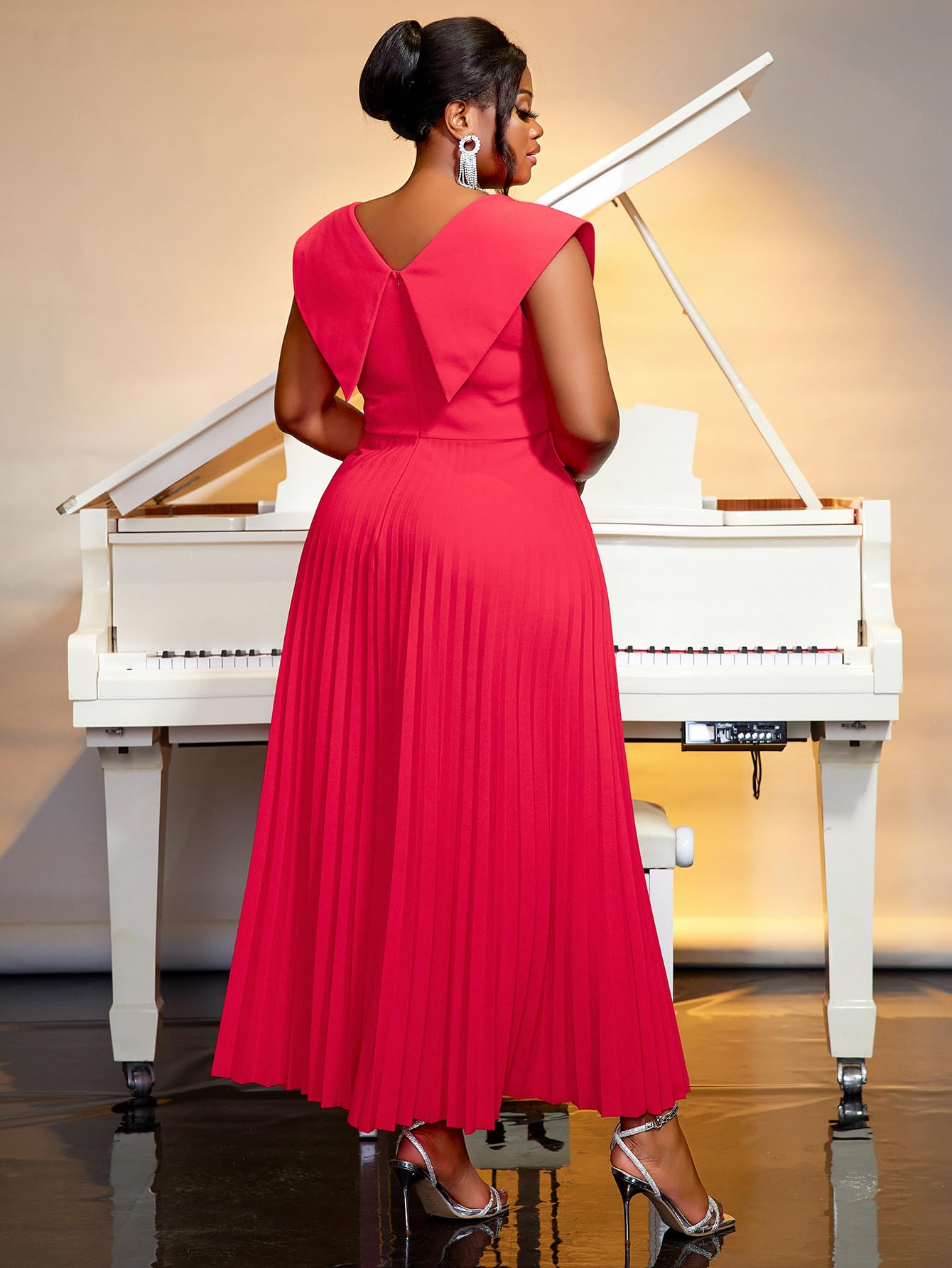 Elegant Pleated Maxi Dress for Women - Summer Sleeveless Peter Pan Collar Button Down Office Dress Plus Size Work Attire | Perfect for Business Casual, Office Wear & Special Occasions