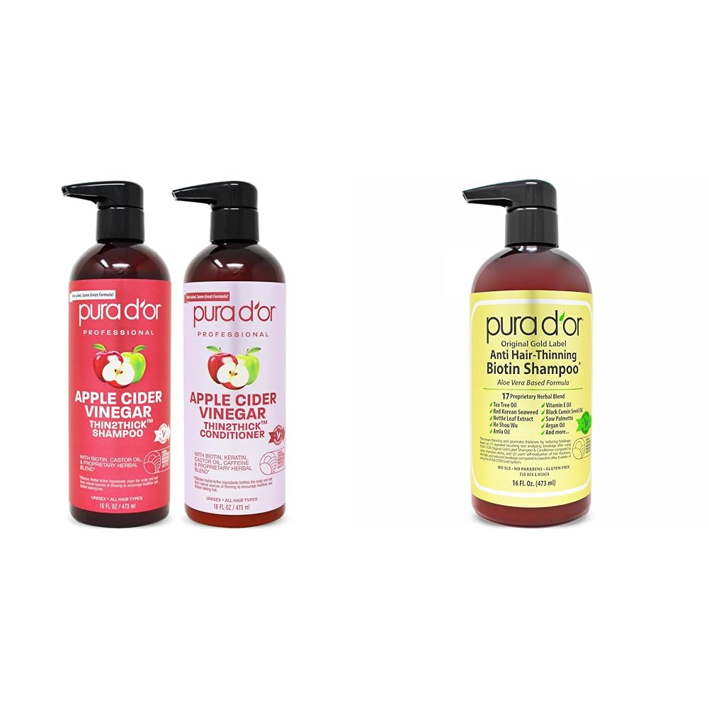 PURA D'OR Apple Cider Vinegar Thin2Thick Set (16oz x 2) - ACV Shampoo & Conditioner for Hair Growth, Clarifying & Detox - Anti-Thinning Biotin Shampoo with DHT Blocker - Clinically Tested for Thicker, Healthier Hair - Perfect for Daily Use & Hair Care Routine