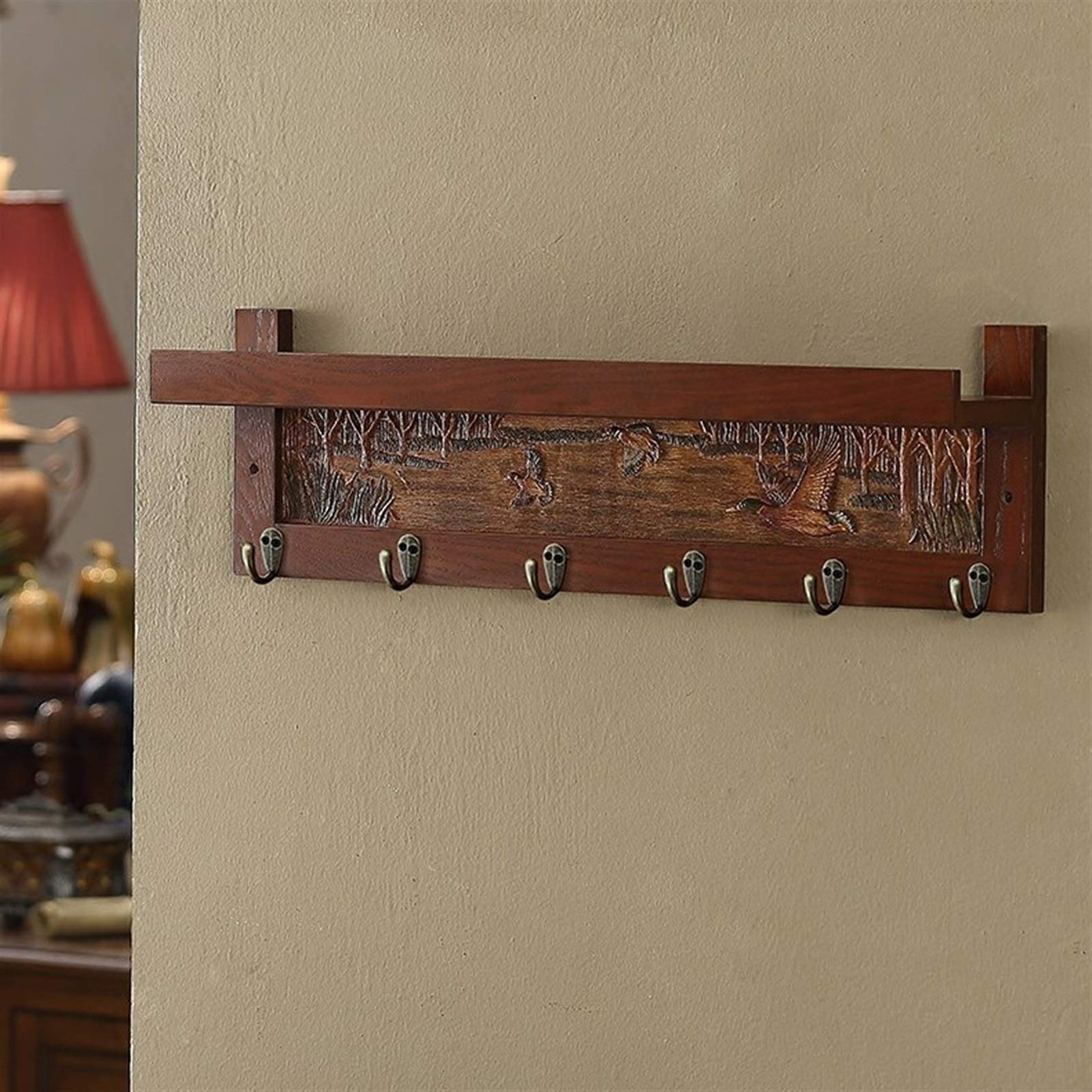 Vintage Wall-Mounted Coat Rack with Shelves - Antique Wooden Hooks for Jackets, Hats & Scarves - Space Saving Entryway, Hallway & Bedroom Storage Solution (Brown)