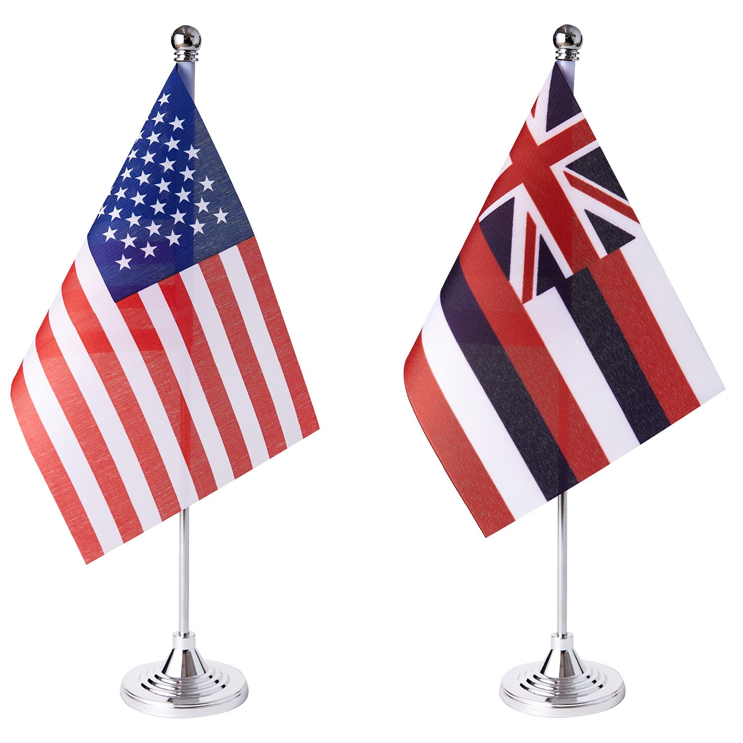2 Pack Mini USA & Hawaii State Flags with Stand - Small American & Hawaiian Table Flags for Office Desk, Party Decorations, US State Celebrations, and Patriotic Events