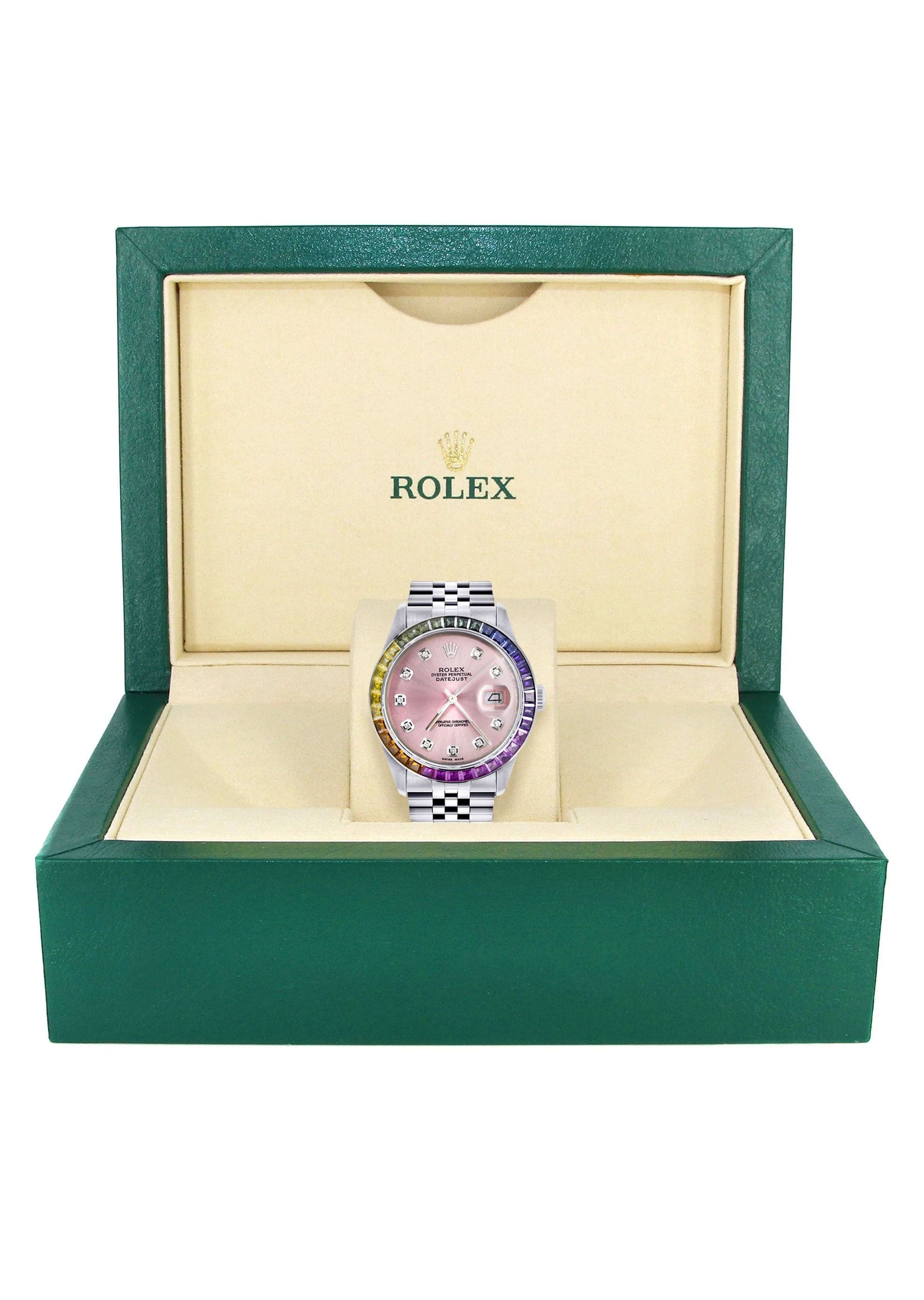 Luxury Diamond Gold Rolex Watch For Men 16200 | 36mm Rainbow Sapphire Bezel | Pink Dial | Jubilee Bracelet | Swiss Made | Perfect for Weddings & Formal Events