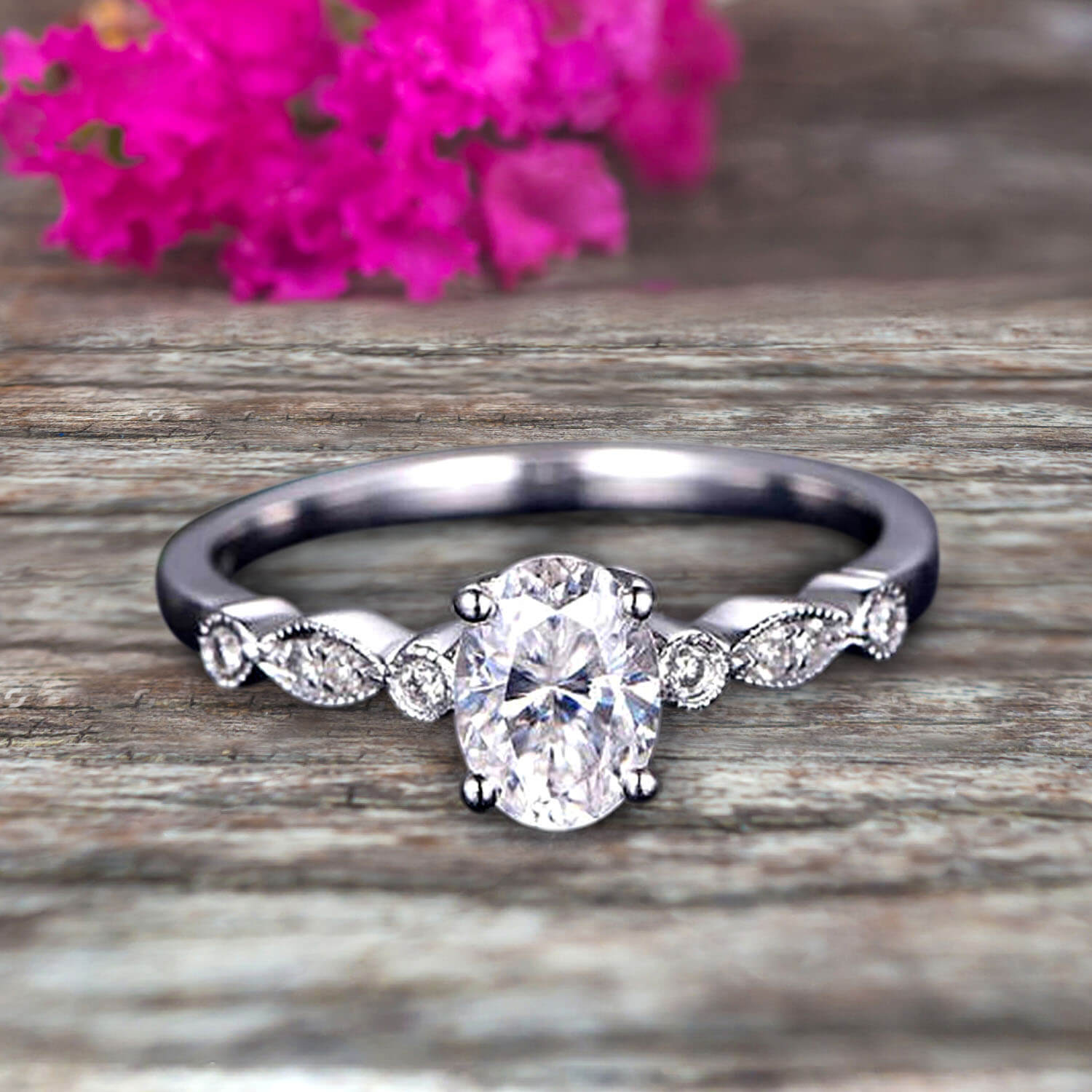1.25 Carat Oval Cut Moissanite Diamond Engagement Ring in 10k White Gold - Classic Art Deco Style for Wedding, Proposal & Anniversary Gifts