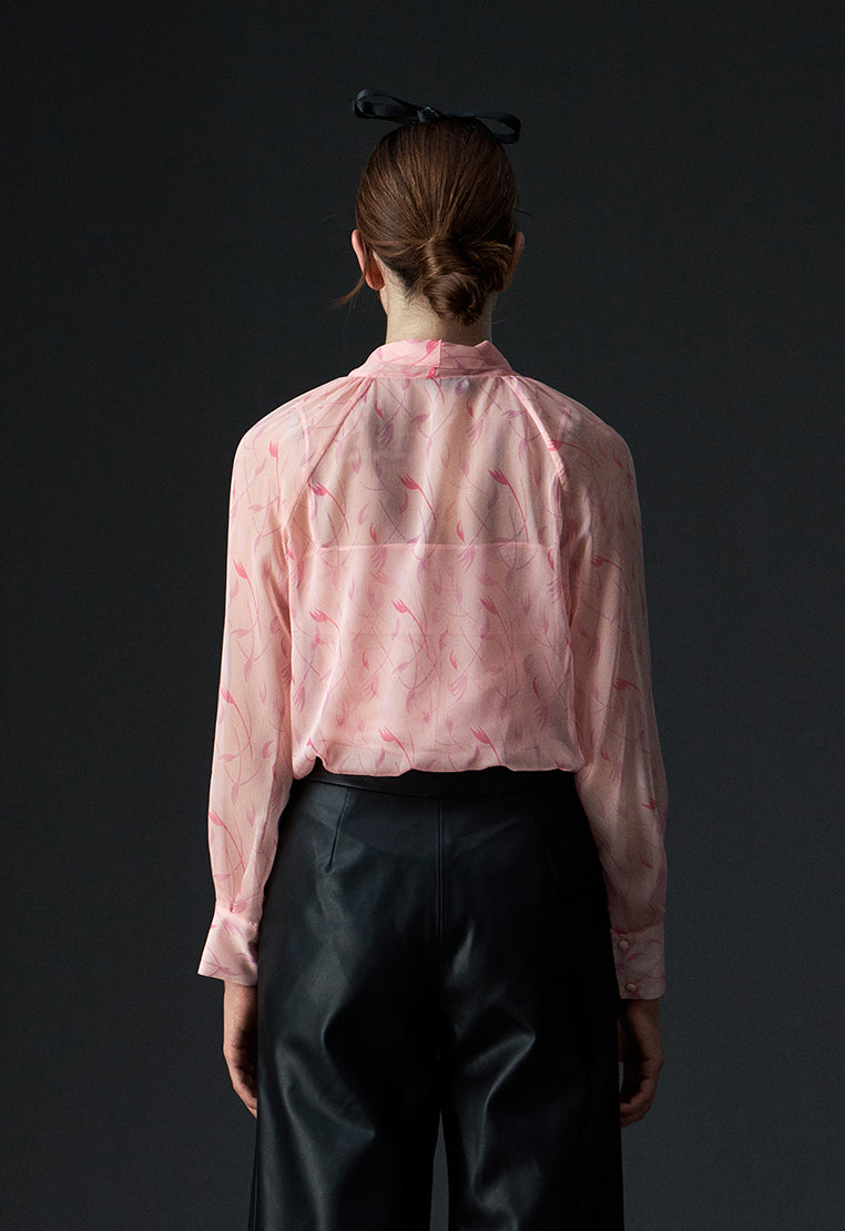 Elegant Peach Pussy Bow Sage Pattern Chiffon Blouse for Women - Perfect for Office Wear, Date Night & Special Occasions