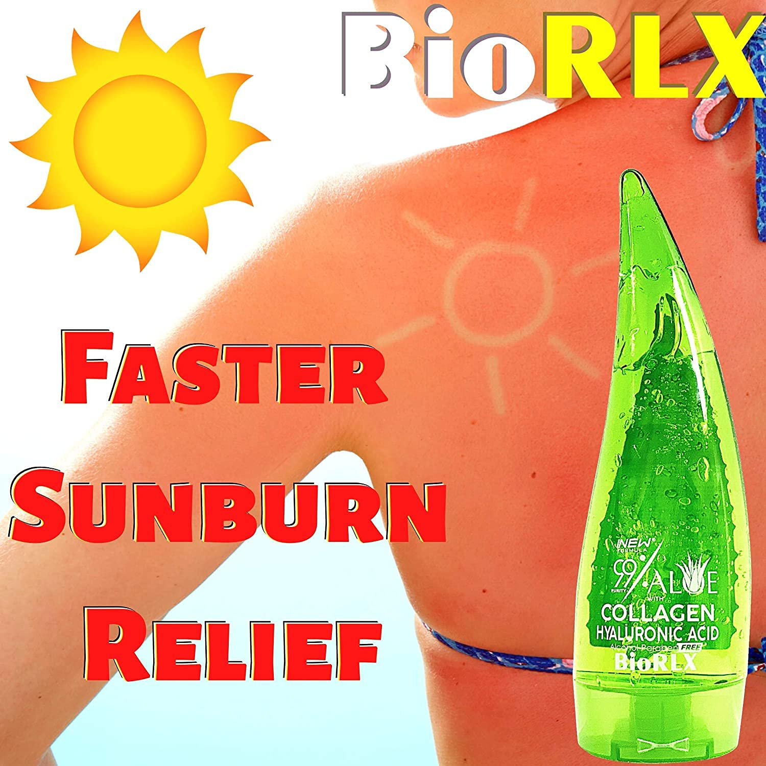 BioRLX 99% Pure Aloe Vera Gel with Collagen & Hyaluronic Acid - Hydrating Face, Body & Hair Care - Soothes Sunburn, Aftershave & Dry Skin - 8.5 fl.oz (250ml) - Perfect for Daily Moisturizing, Post-Sun Recovery & Skin Repair