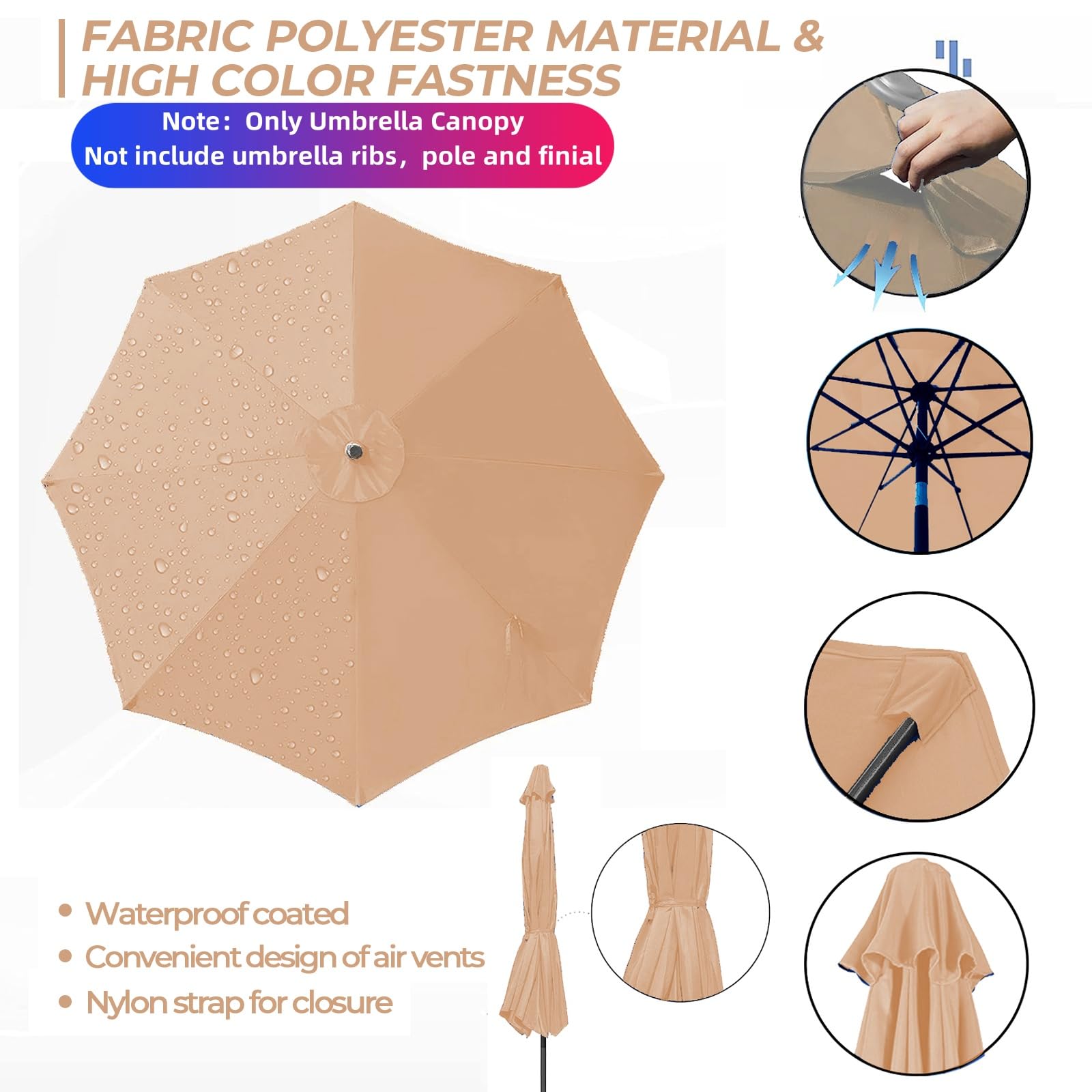 9ft Replacement Canopy for Patio Umbrella - Outdoor Table Market Umbrella Top with 8 Ribs - Perfect for Backyard, Garden, and Poolside Shade