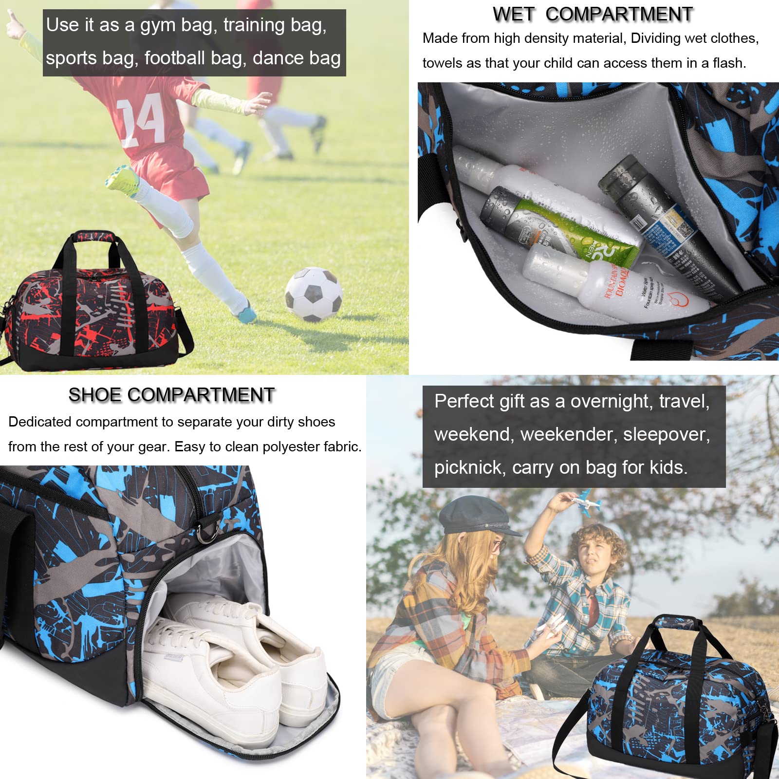 Octsky Sports Duffel Bag - Waterproof Gym Bag with Separate Shoe Compartment, Small Travel Overnight Bag for Men & Women, Weekender Bag for Gym, Workout, Travel & Sports (Blue Graffiti Design) - Perfect for Fitness Enthusiasts, Weekend Getaways & Business Trips