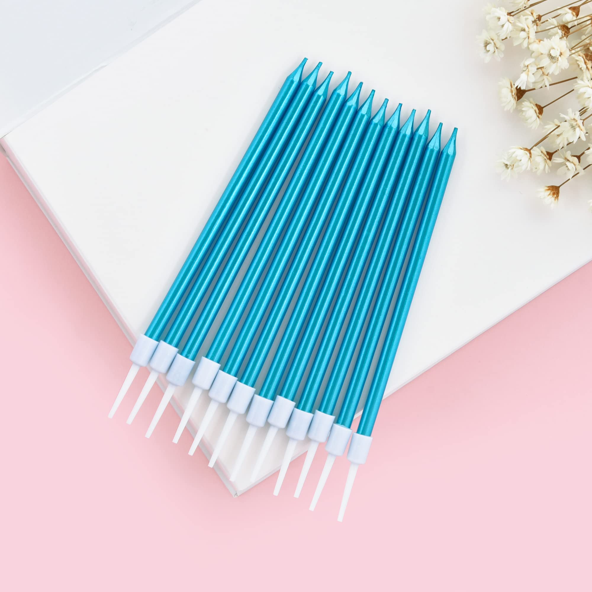 Bella Meri Blue Long Thin Metallic Birthday Candles - Elegant Cake Candles for Birthday Parties, Wedding Decorations & Special Events | Perfect for Cakes, Cupcakes & Dessert Displays