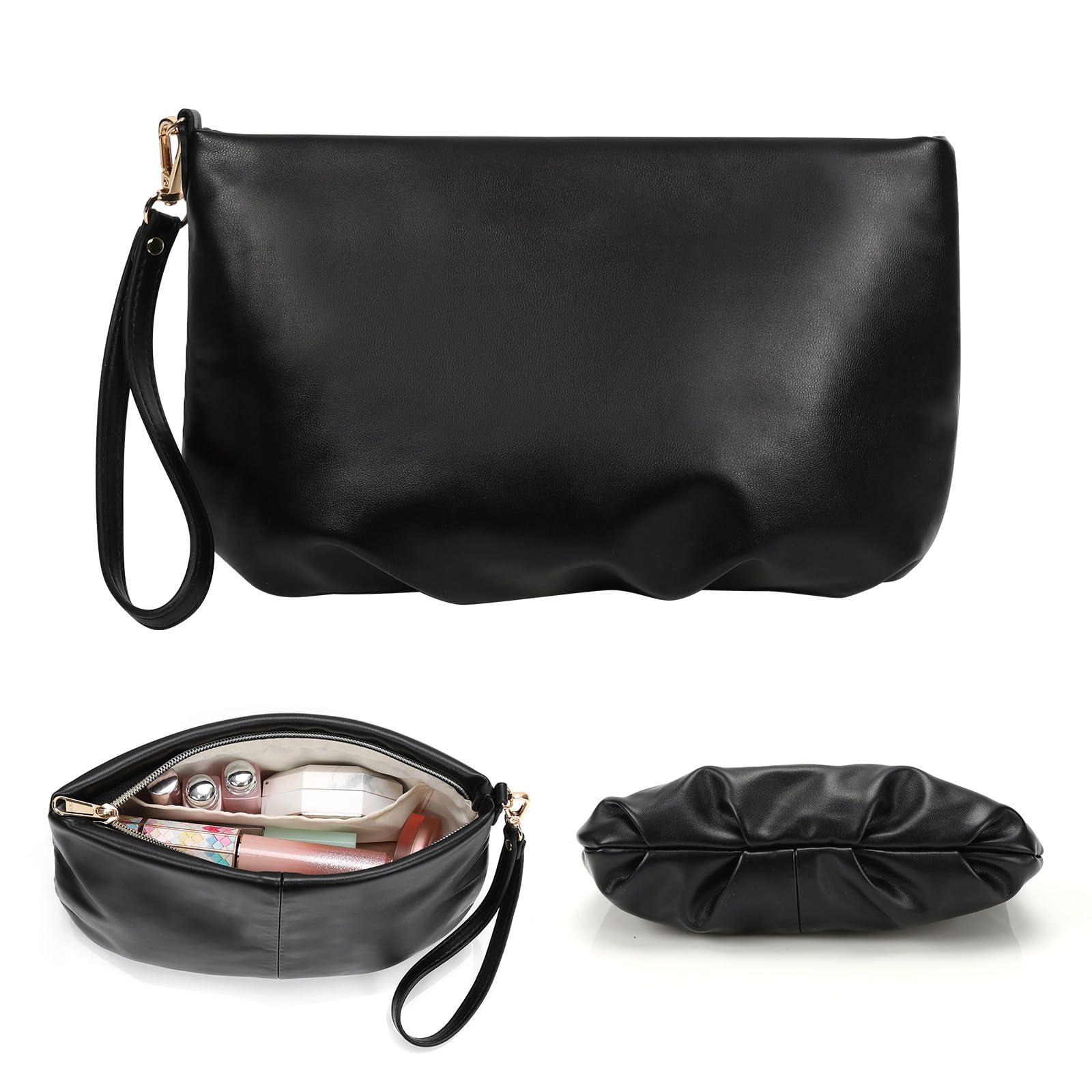 Small Makeup Bag for Women | Waterproof PU Leather Travel Cosmetic Organizer | Portable Cute Makeup Pouch for Cosmetics & Toiletries | Perfect for Travel, Gym & Daily Use (Black)