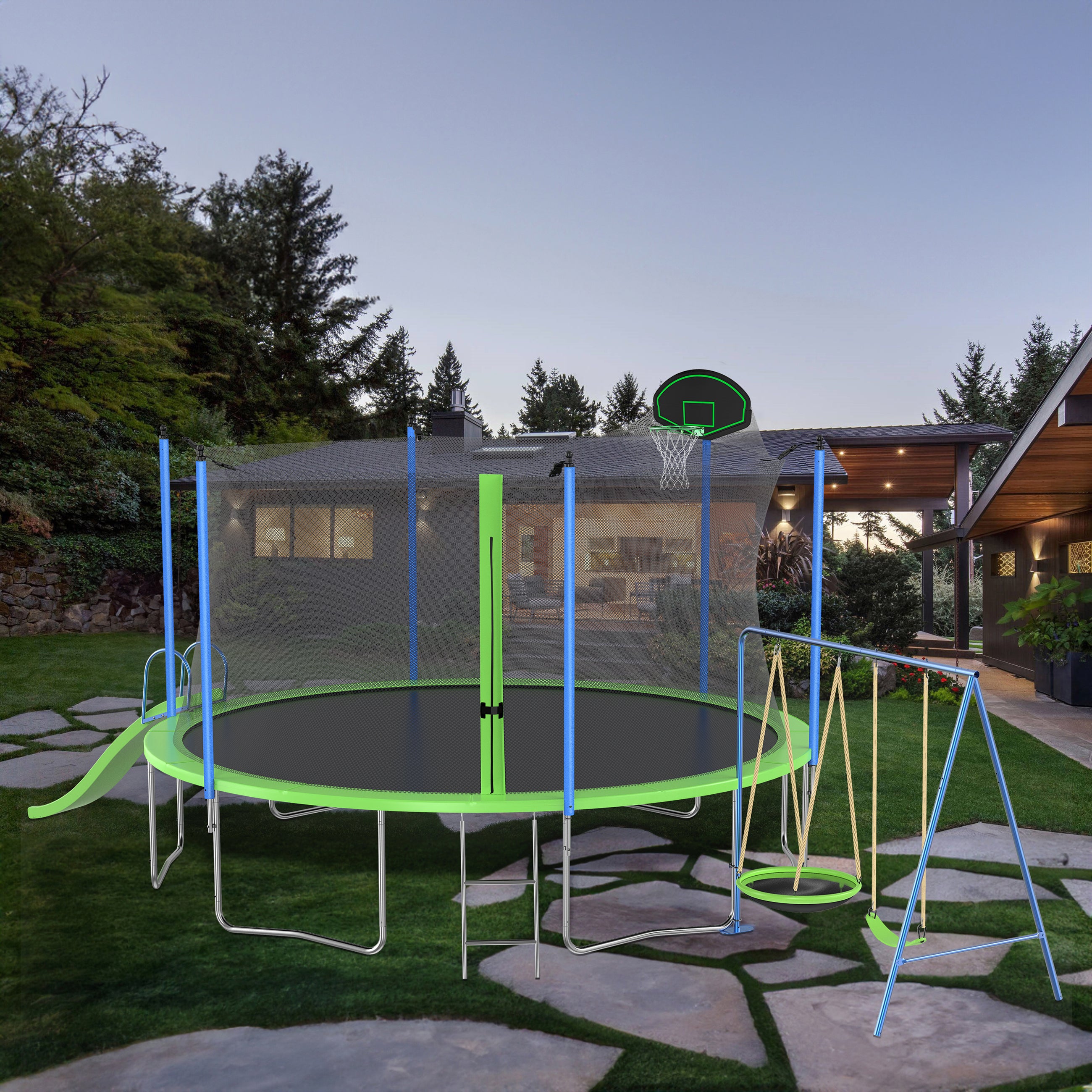 14FT Outdoor Trampoline with Slide, Swings, Basketball Hoop & Ladder - ASTM Approved Large Recreational Trampoline with Safety Net for Kids & Adults - Perfect for Backyard Fun, Family Exercise & Outdoor Play
